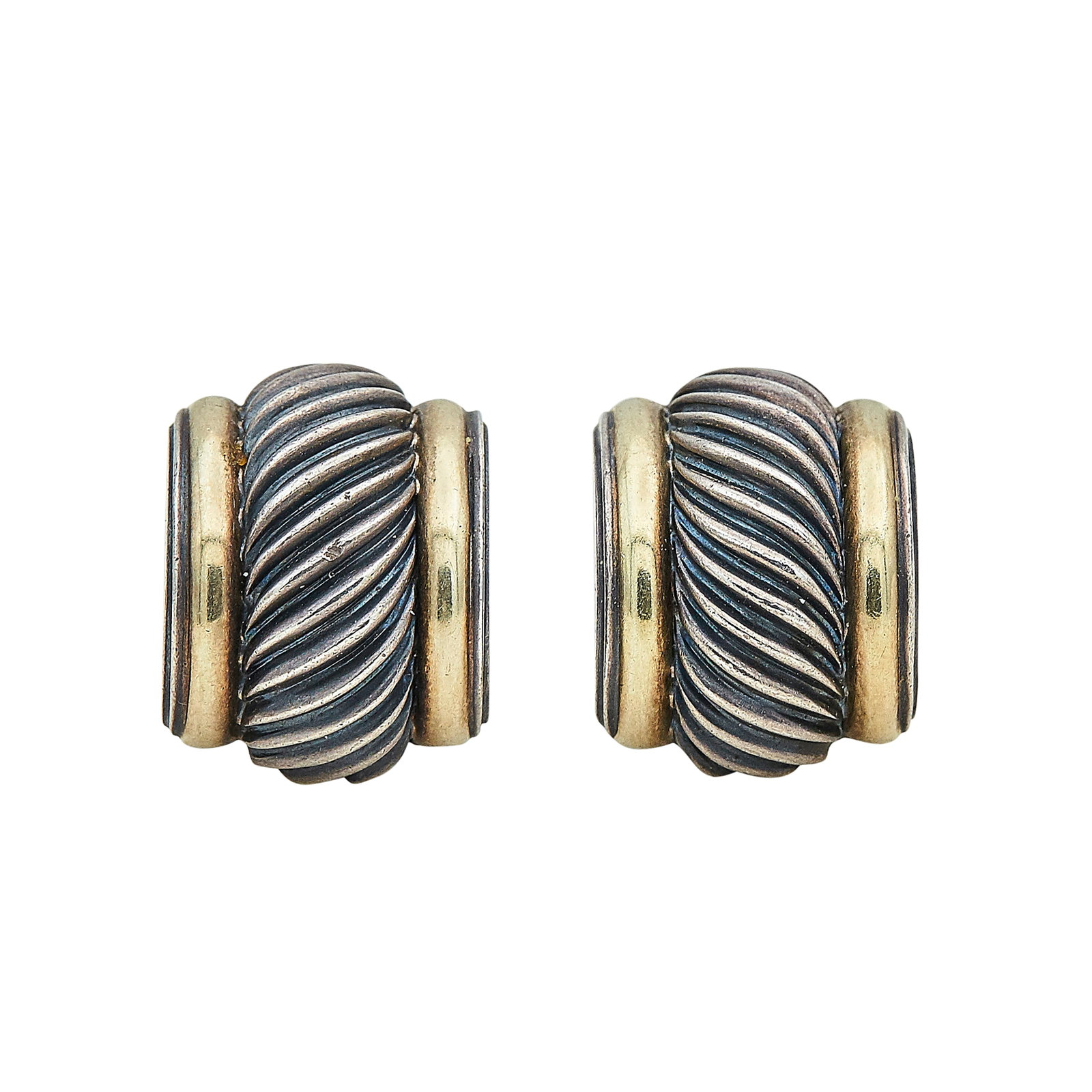 David Yurman 14K Yellow Gold and Sterling Silver Earrings: BRAND: David Yurman; METAL: 14K Yellow Gold/Silver; STAMPED: ©D. Yurman, 925, 750; CONDITION: Pre-owned, Good; ITEM WEIGHT (GRAMS): 14.7 g; MEASUREMENTS: Earrings approx. 3/4 inch long x 5/8 inch wid