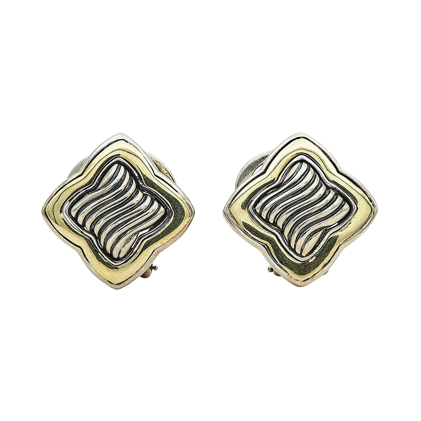 David Yurman 14K Yellow Gold and Sterling Silver Earrings: BRAND: David Yurman; METAL: 14K Yellow Gold/Silver; STAMPED: ©D.Yurman , 925, 750; CONDITION: Pre-owned, Good; ITEM WEIGHT (GRAMS): 14.9 g; MEASUREMENTS: Earrings approx. 7/8 inch long x 7/8 inch wid