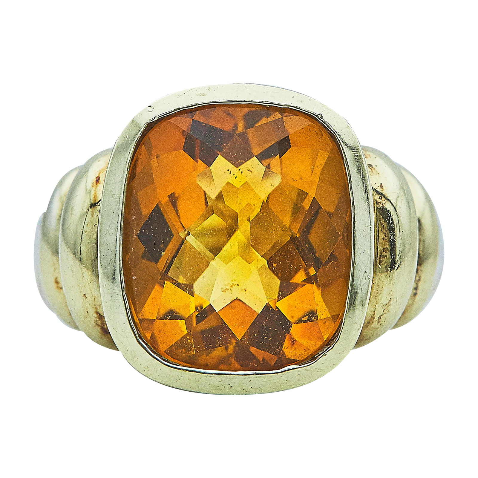 David Yurman Sterling Silver, 14K Yellow Gold, and Citrine Ring: BRAND: David Yurman; METAL: Silver/14K Yellow Gold; GEMSTONES: Citrine; STAMPED: © D.Y., 585, 925; CONDITION: Pre-owned, Good; ITEM WEIGHT (GRAMS): 14 g; MEASUREMENTS: Ring size 6 1/4
