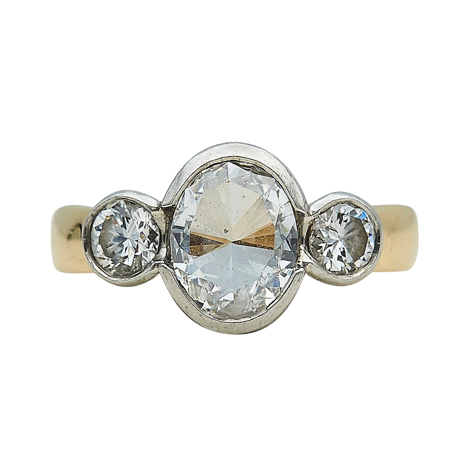14K Yellow Gold, Platinum, Diamond Three Stone Ring: METAL: 14K Yellow Gold/Platinum; APPROXIMATE TOTAL DIAMOND WEIGHT: 2 ctw; STAMPED: 14K; TESTED: 14K Yellow Gold/Platinum; CONDITION: Pre-owned, Very Good; ITEM WEIGHT (GRAMS): 5.2 g; MEASUREMENTS: Rin
