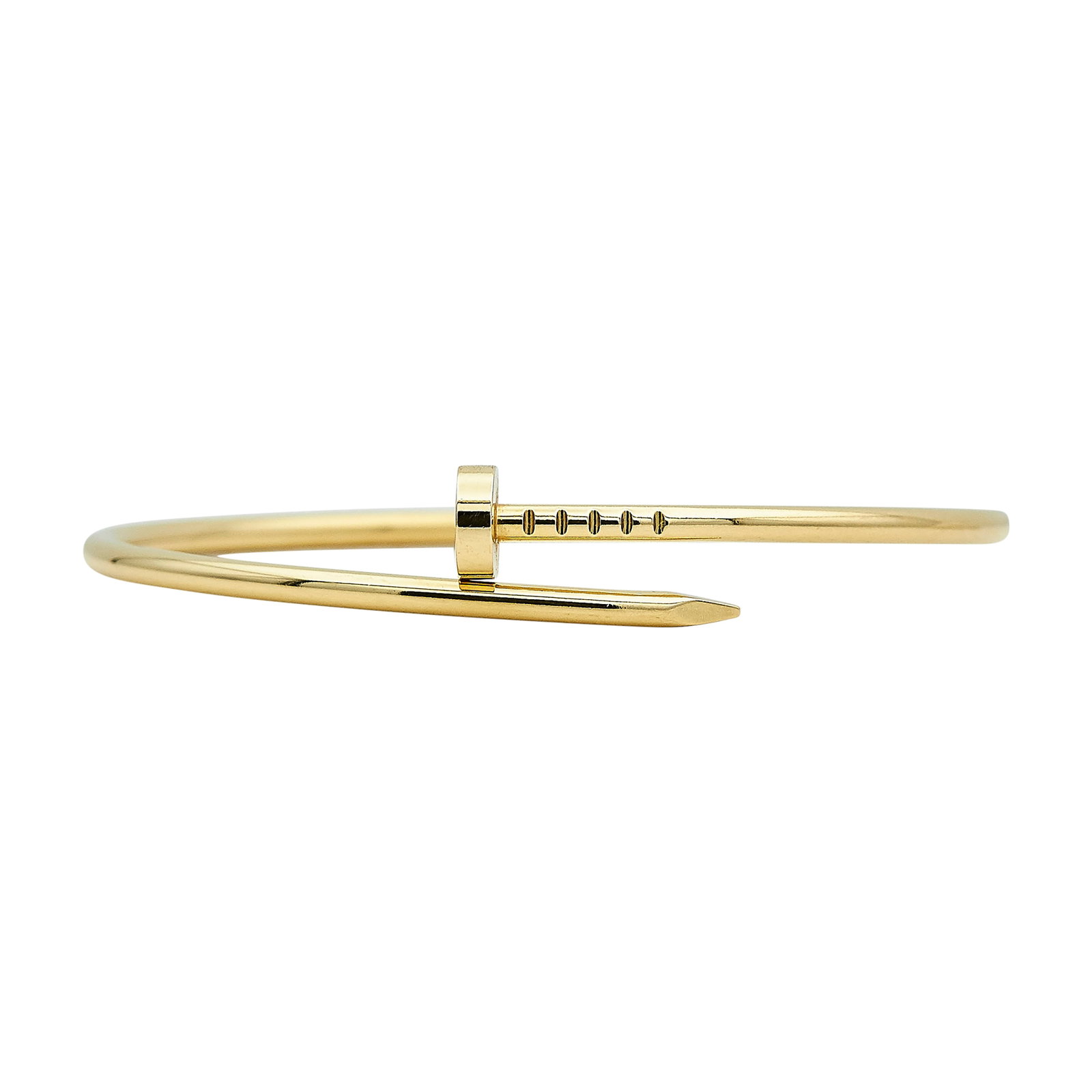 Cartier Juste un Clou Small Model 18K Yellow Gold Bracelet: BRAND: Cartier; COLLECTION: Juste un Clou; METAL: 18K Yellow Gold; STAMPED: © Cartier, 17, Serial number, Au750, Maker's mark; CONDITION: Pre-owned, Very Good; ITEM WEIGHT (GRAMS): 9.8 g; MEASUREMENT