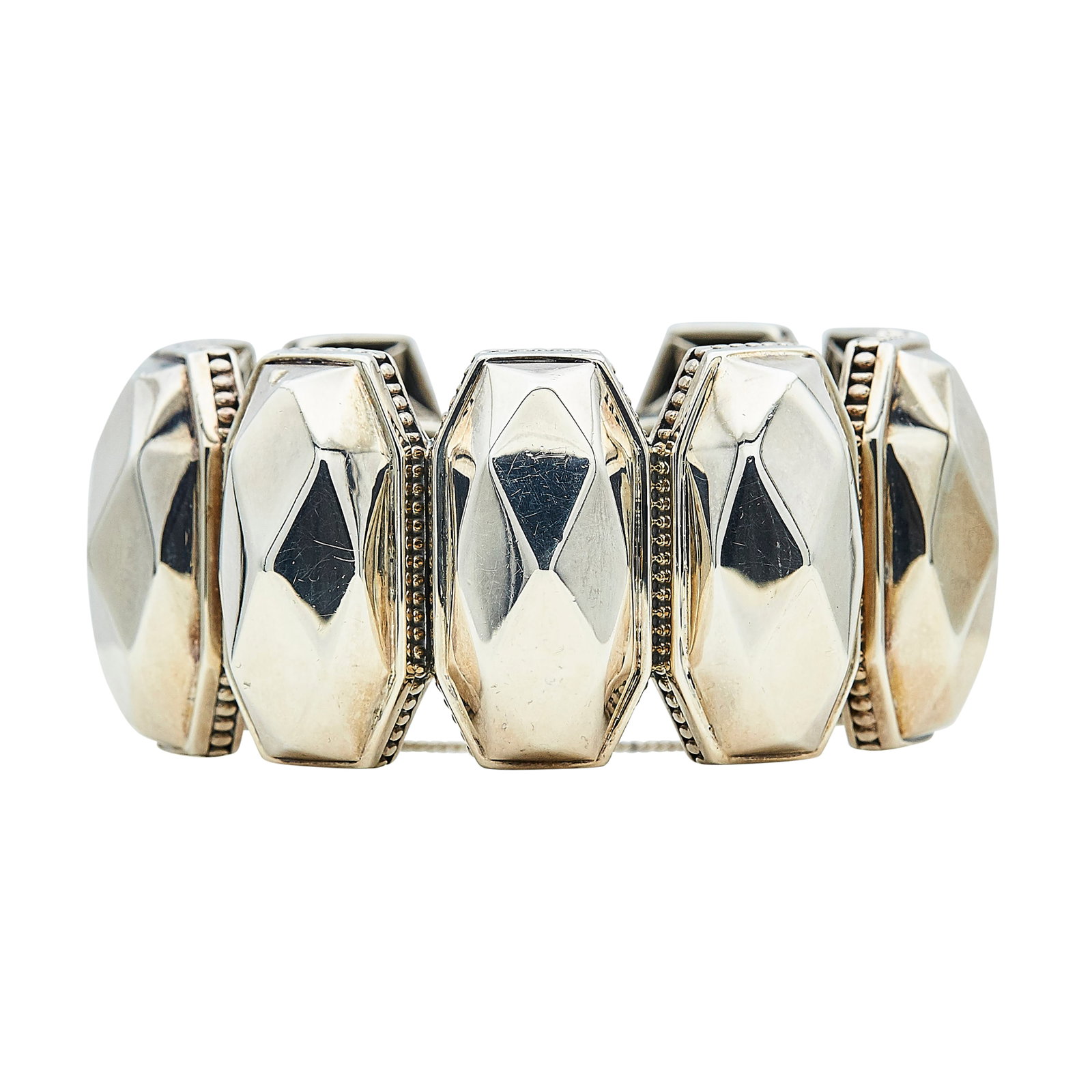 Lagos Sterling Silver Cuff Bracelet: BRAND: Lagos; METAL: Sterling Silver; STAMPED: Lagos, 925, M; CONDITION: Pre-owned, Very Good; ITEM WEIGHT (GRAMS): 176.2 g; MEASUREMENTS: Bracelet inner circumference approx. 7 inches; ADDITIONAL COM