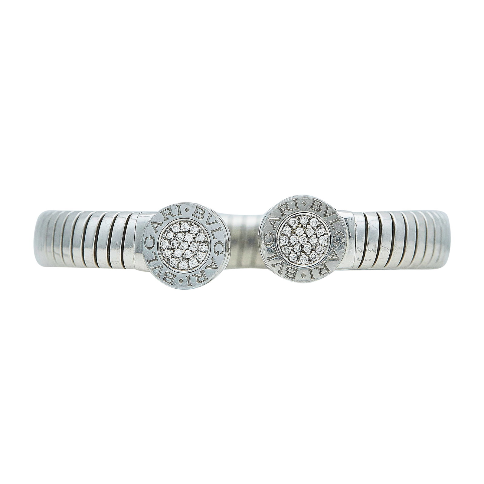Bulgari Bvlgari Tubogas Stainless Steel and Diamond Cuff Bracelet: BRAND: Bulgari; COLLECTION: Tubogas; METAL: Stainless Steel; APPROXIMATE TOTAL DIAMOND WEIGHT: 0.30 ctw; STAMPED: Bvlgari, Made in Italy, Italian workshop mark; CONDITION: Pre-owned, Good; ITEM WEIGHT