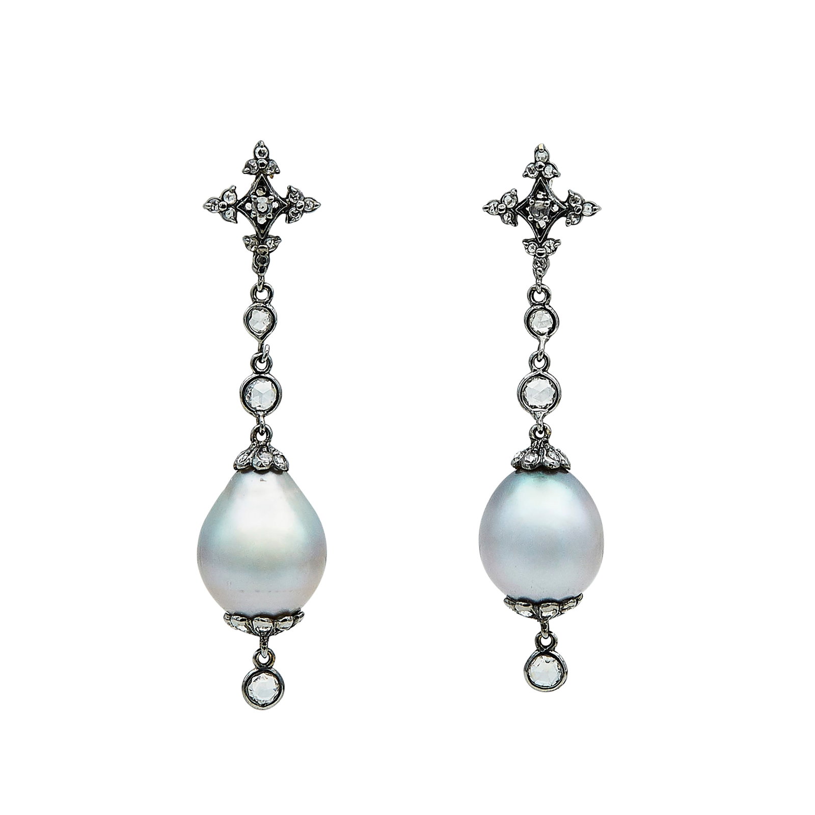 18K White Gold, Pearl, and Diamond Drop Earrings: METAL: 18K White Gold; GEMSTONES: Pearl; TESTED: 18K White Gold; CONDITION: Pre-owned, Good; ITEM WEIGHT (GRAMS): 5.3 g; MEASUREMENTS: Earrings approx. 1 3/8 inch long x 5/16 inch wide, Rose cut diamo