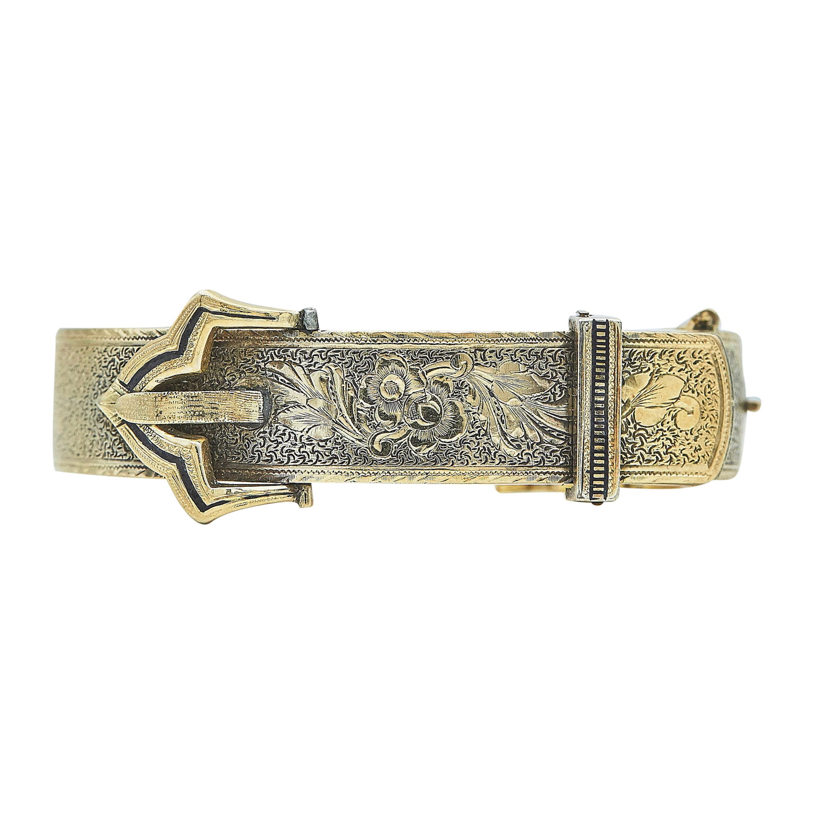 14K Yellow Gold Belt and Buckle Bangle Bracelet: METAL: 14K Yellow Gold; STAMPED: Personal engravings; TESTED: 14K Yellow Gold; CONDITION: Pre-owned, Good; ITEM WEIGHT (GRAMS): 21.6 g; MEASUREMENTS: Bracelet inner circumference approx. 6 inches; ADD