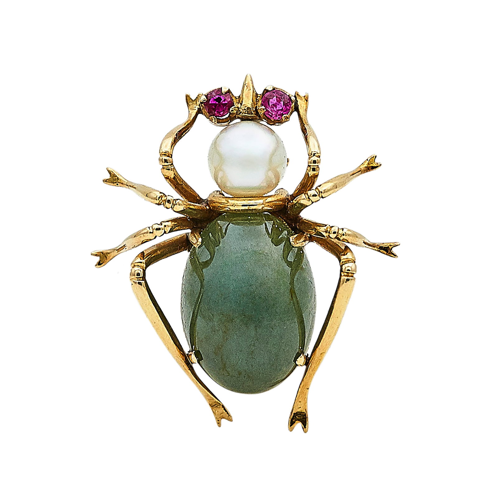 14K Yellow Gold, Ruby, Agate, and Pearl Spider Pin Brooch: METAL: 14K Yellow Gold; GEMSTONES: Ruby, Agate, and Pearl; STAMPED: 14K; CONDITION: Pre-owned, Very Good; ITEM WEIGHT (GRAMS): 8.1 g; MEASUREMENTS: Brooch approx. 1 3/16 inch long x 1 inch wide