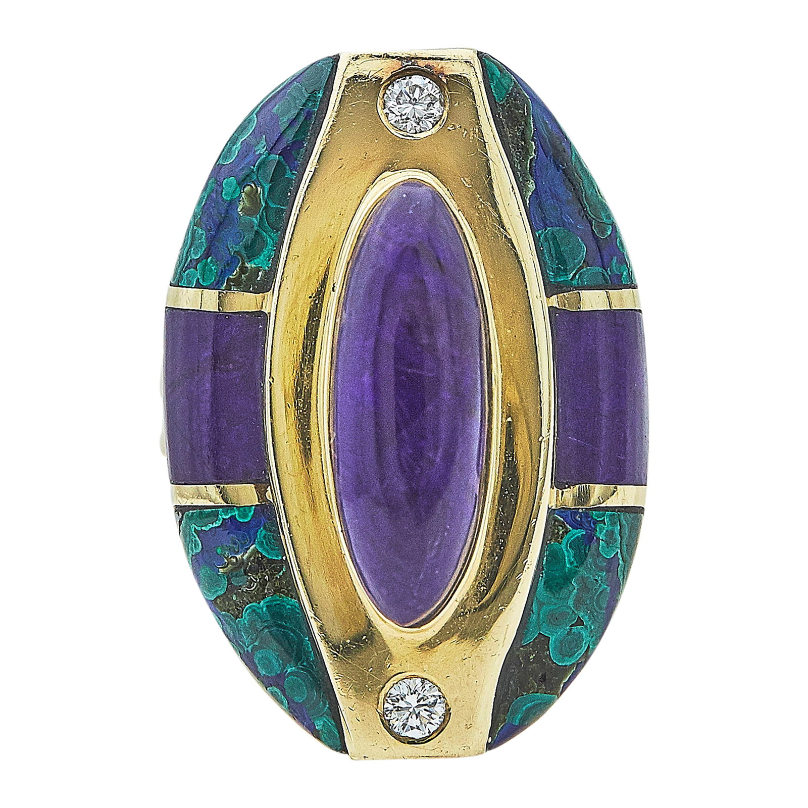 14K Yellow Gold Malachite, Sugilite, and Diamond Plaque Ring: METAL: 14K Yellow Gold; APPROXIMATE TOTAL DIAMOND WEIGHT: 0.12 ctw; GEMSTONES: Malachite, Sugilite; STAMPED: 14K, Maker's mark, © 1991,Santa Fe; CONDITION: Pre-owned, Good; ITEM WEIGHT (GRAMS):