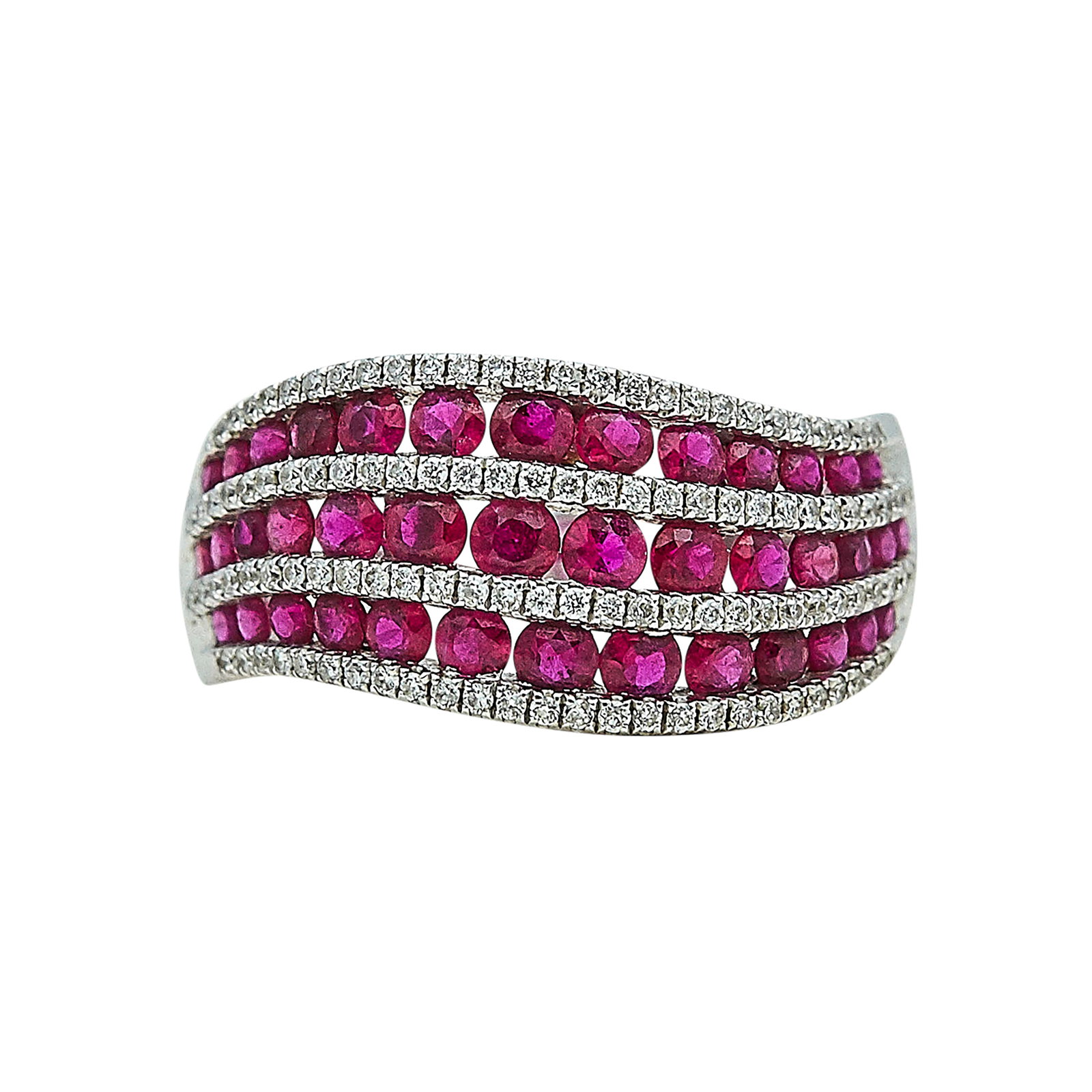 14K White Gold, Ruby, and Ring: METAL: 14K White Gold; APPROXIMATE TOTAL DIAMOND WEIGHT: 0.26 ctw; GEMSTONES: Ruby; STAMPED: 14K, 585; CONDITION: Pre-owned, Very Good; ITEM WEIGHT (GRAMS): 4.9 g; MEASUREMENTS: Ring size 6 3/4; Diamo