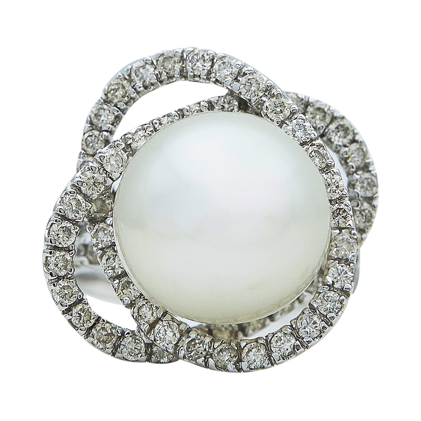 14K White Gold, Pearl, and Diamond Cocktail Ring: METAL: 14K White Gold; APPROXIMATE TOTAL DIAMOND WEIGHT: 1.58 ctw; GEMSTONES: Pearl approx. 13.50 mm in diameter; STAMPED: 14K, 2, D1.58; CONDITION: Pre-owned, Good; ITEM WEIGHT (GRAMS): 11.3 g; MEASU