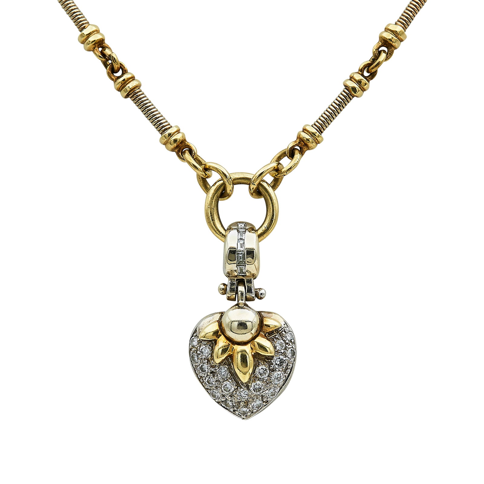 14K Yellow& White Gold Diamond Heart Pendant Necklace: METAL: 14K Yellow Gold/White Gold; APPROXIMATE TOTAL DIAMOND WEIGHT: 0.70 ctw; STAMPED: 585, 14K; CONDITION: Pre-owned, Good; ITEM WEIGHT (GRAMS): 33.7 g; MEASUREMENTS: Necklace approx. 17 inches