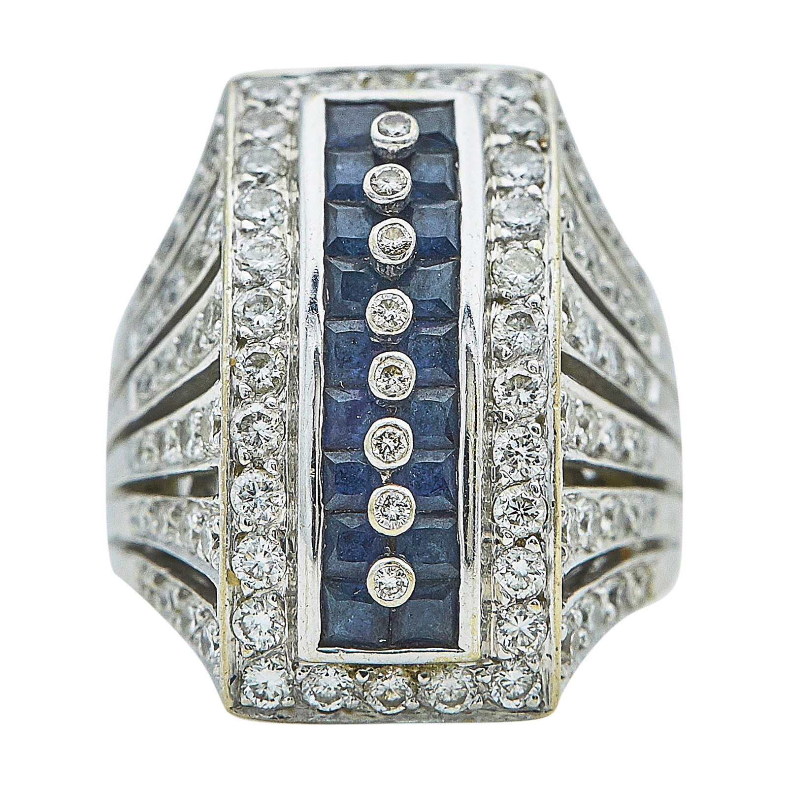18K White Gold, Diamond, and Sapphire Cocktail Ring: METAL: 18K White Gold; APPROXIMATE TOTAL DIAMOND WEIGHT: 1.56 ctw; GEMSTONES: Sapphire; STAMPED: 750; CONDITION: Pre-owned, Very Good; ITEM WEIGHT (GRAMS): 17.2 g; MEASUREMENTS: Ring size 6 3/4;