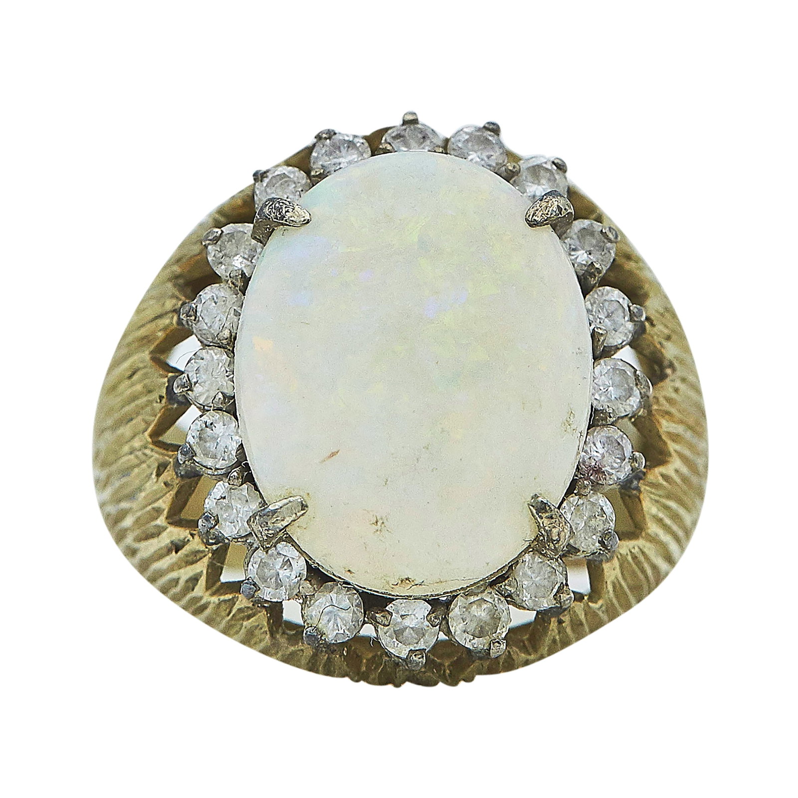 14K Yellow Gold, Opal, and Diamond Ring: METAL: 14K Yellow Gold; APPROXIMATE TOTAL DIAMOND WEIGHT: 0.54 ctw; GEMSTONES: Opal; STAMPED: 14, Rubbed mark; CONDITION: Pre-owned, Good; ITEM WEIGHT (GRAMS): 9.6 g; MEASUREMENTS: Ring size 6 1/2; Di