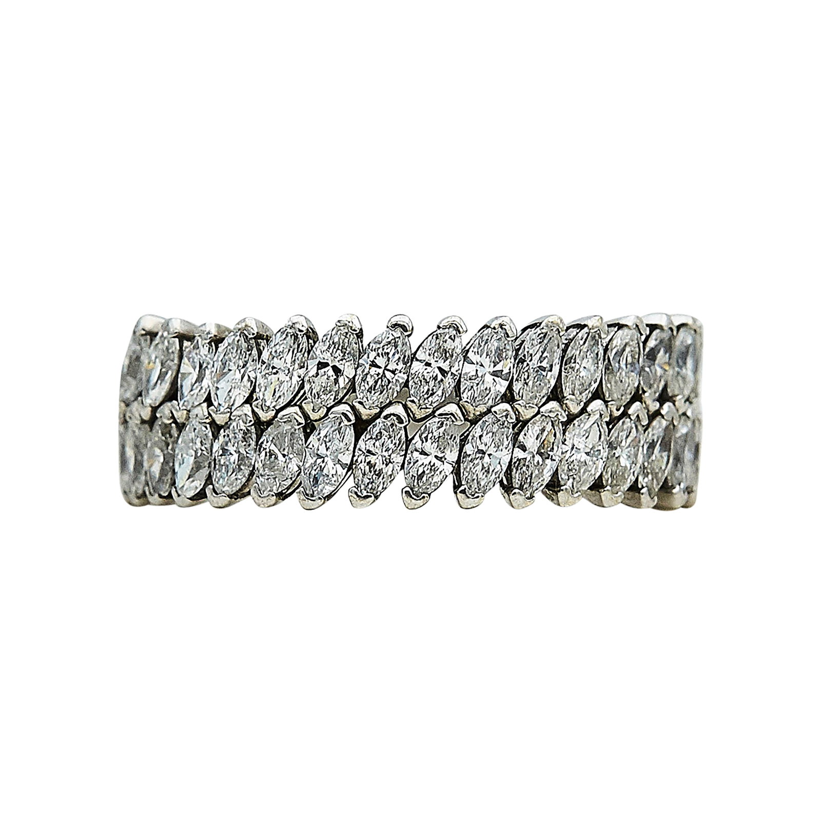 18K White Gold and Marquise Diamond Two-Row Band Ring: METAL: 18K White Gold; APPROXIMATE TOTAL DIAMOND WEIGHT: 2 ctw; STAMPED: 750; CONDITION: Pre-owned, Very Good; ITEM WEIGHT (GRAMS): 9 g; MEASUREMENTS: Ring size 10 1/2