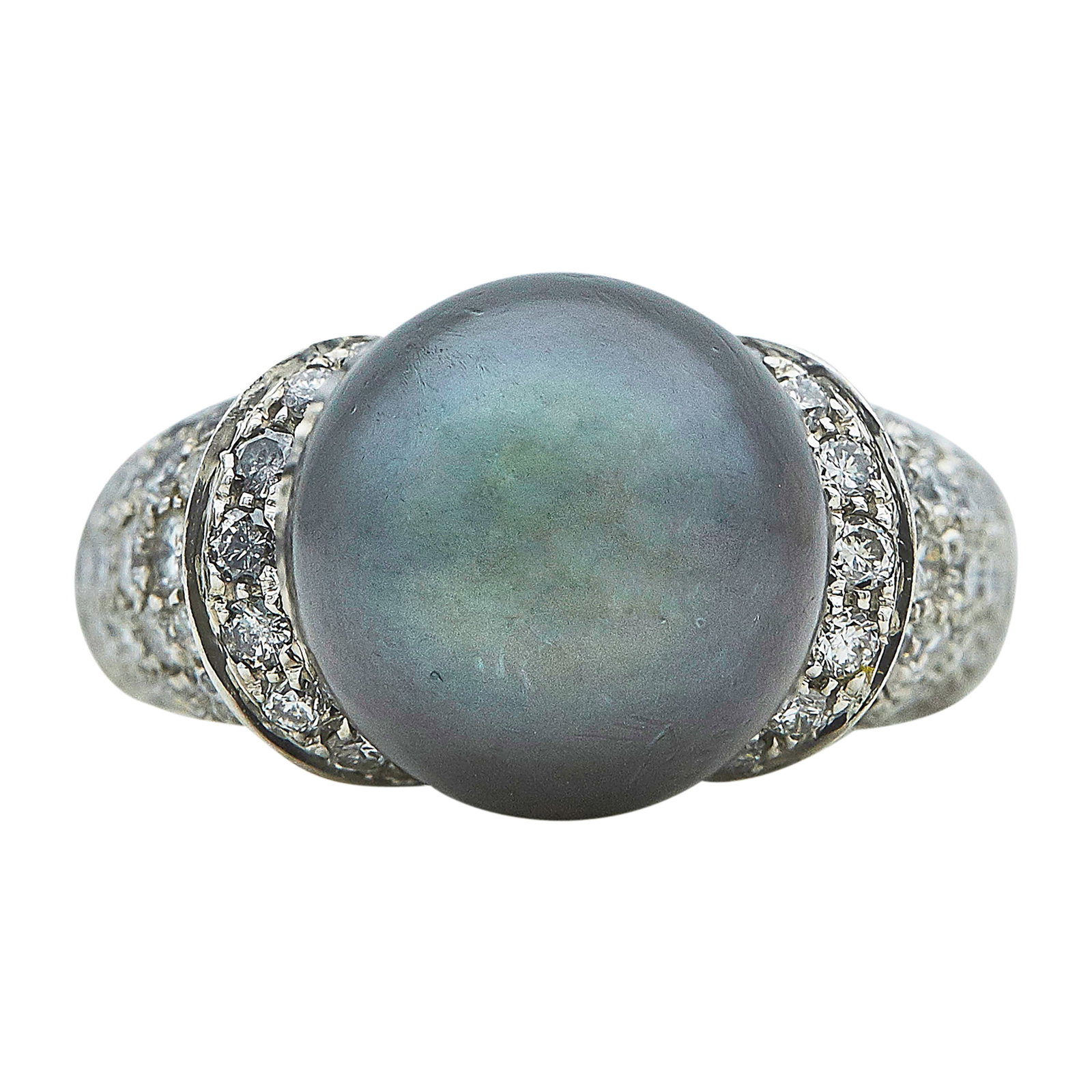 18K White Gold, Black Pearl, and Diamond Ring: METAL: 18K White Gold; APPROXIMATE TOTAL DIAMOND WEIGHT: 1.50 ctw; GEMSTONES: Black Pearl approx. 12.00 mm in diameter; STAMPED: 750, Italy, Italian workshop mark; CONDITION: Pre-owned, Good; ITEM WEI