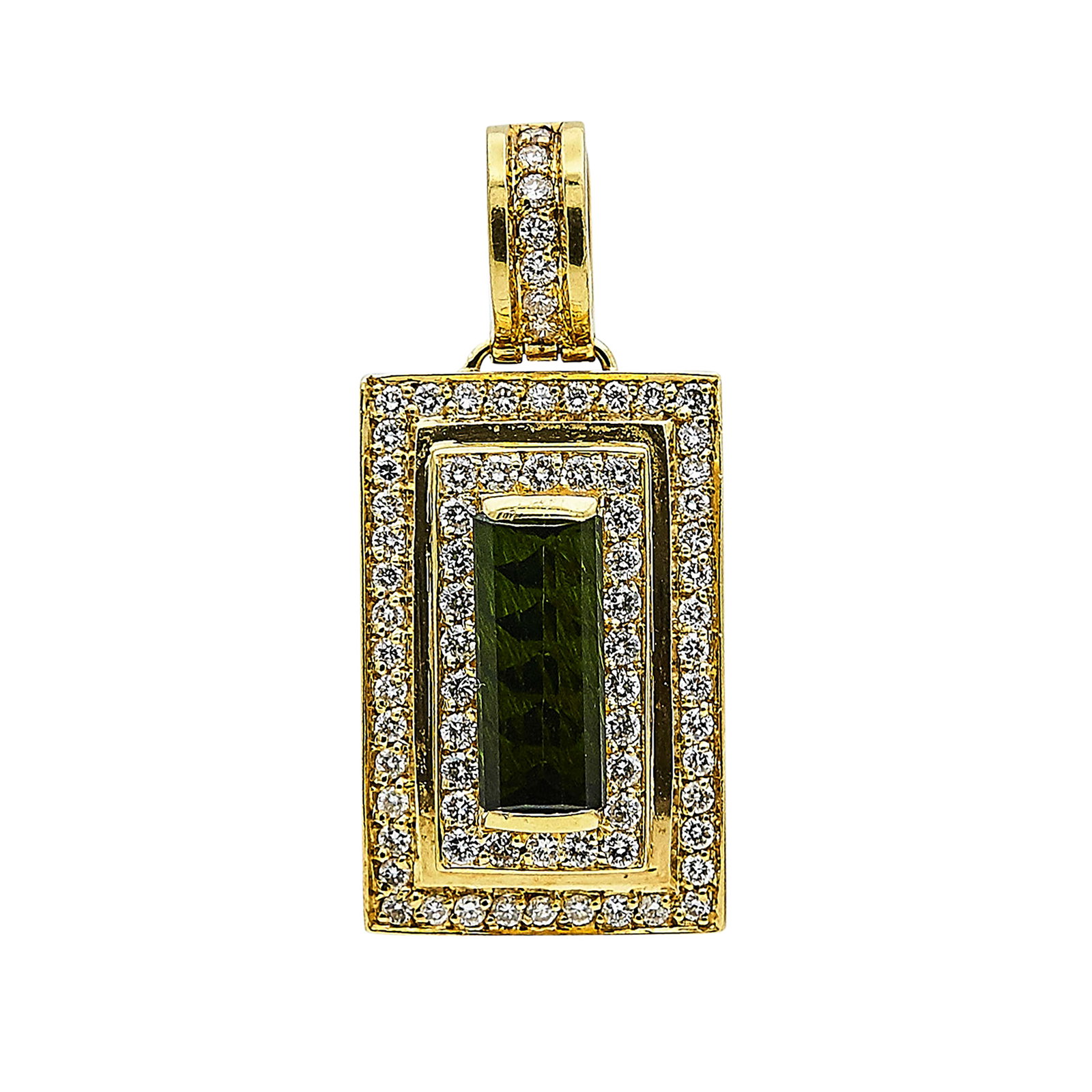 18K Yellow Gold, Tourmaline, and Diamond Pendant: METAL: 18K Yellow Gold; APPROXIMATE TOTAL DIAMOND WEIGHT: 1 ctw; GEMSTONES: Tourmaline; STAMPED: Maker's marks, 750; CONDITION: Pre-owned, Good; ITEM WEIGHT (GRAMS): 8.2 g; MEASUREMENTS: Pendant