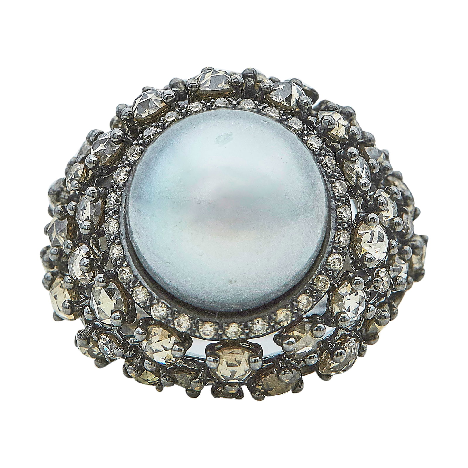 18K Black Gold, Brown Diamond, and Pearl Cocktail Ring: METAL: 18K BG; GEMSTONES: Pearl and Brown Diamonds, Brown Diamonds approx. 0.20 carats, Weight estimated by formula, Rose cut diamond weight not available due to cut and formula limitations, Pearl