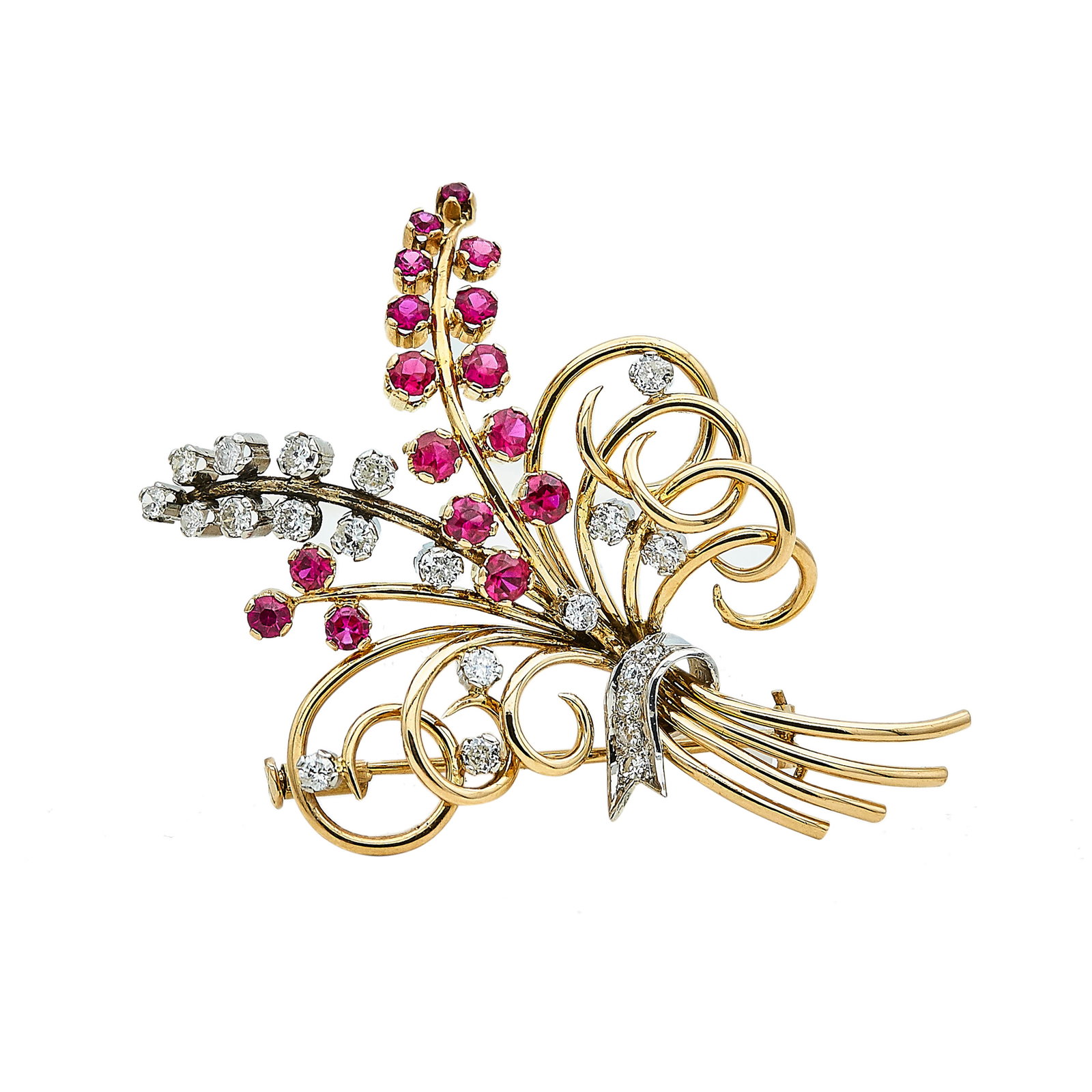 Retro 18K Yellow Gold, Synthetic Ruby, and Diamond Floral Brooch (1 of 3)