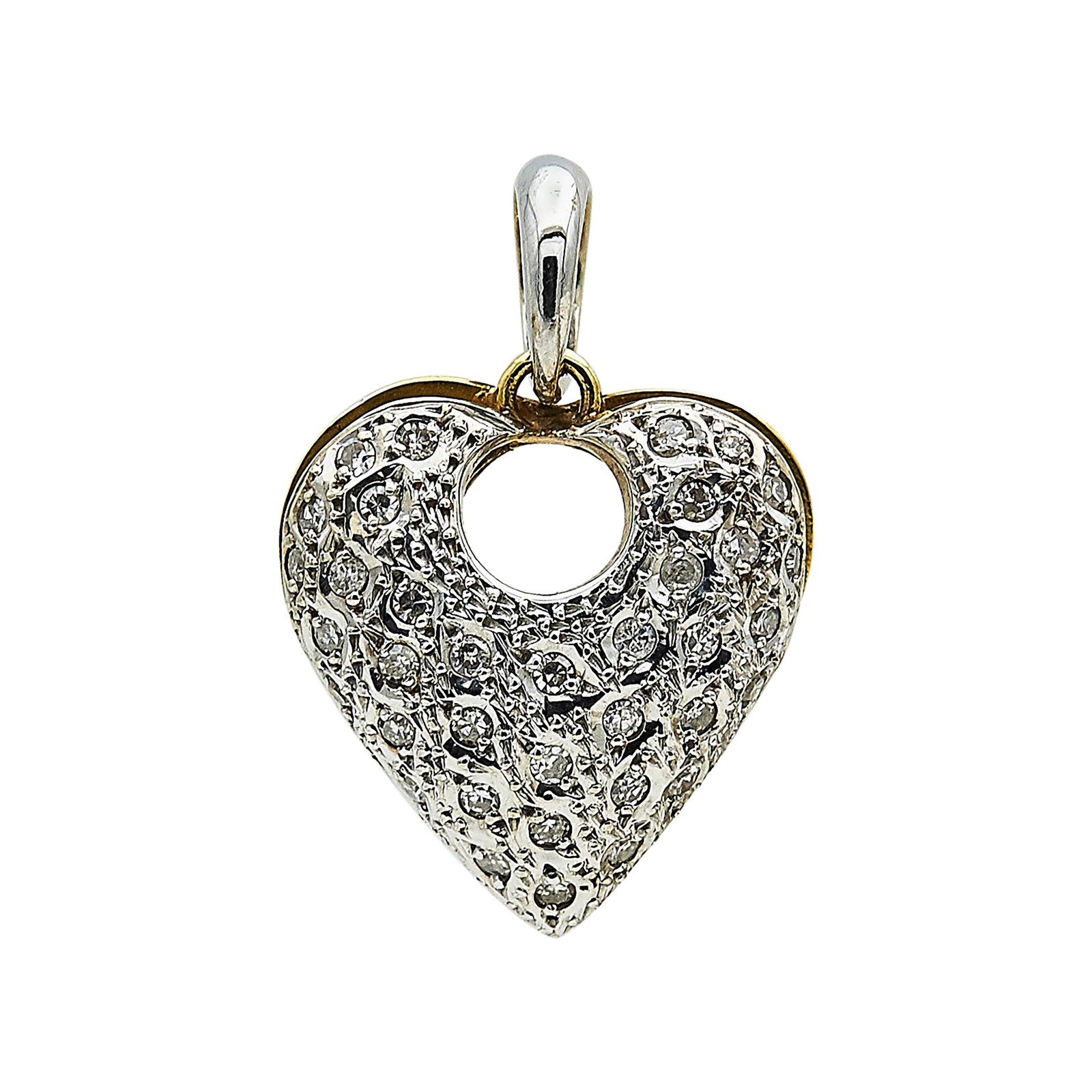 18K White & Yellow Gold Diamond Heart Pendant: METAL: 18K White Gold/Yellow Gold; APPROXIMATE TOTAL DIAMOND WEIGHT: 0.55 ctw; TESTED: 18K White Gold/Yellow Gold; CONDITION: Pre-owned, Very Good; ITEM WEIGHT (GRAMS): 6.8 g; MEASUREMENTS: Pendant 1 