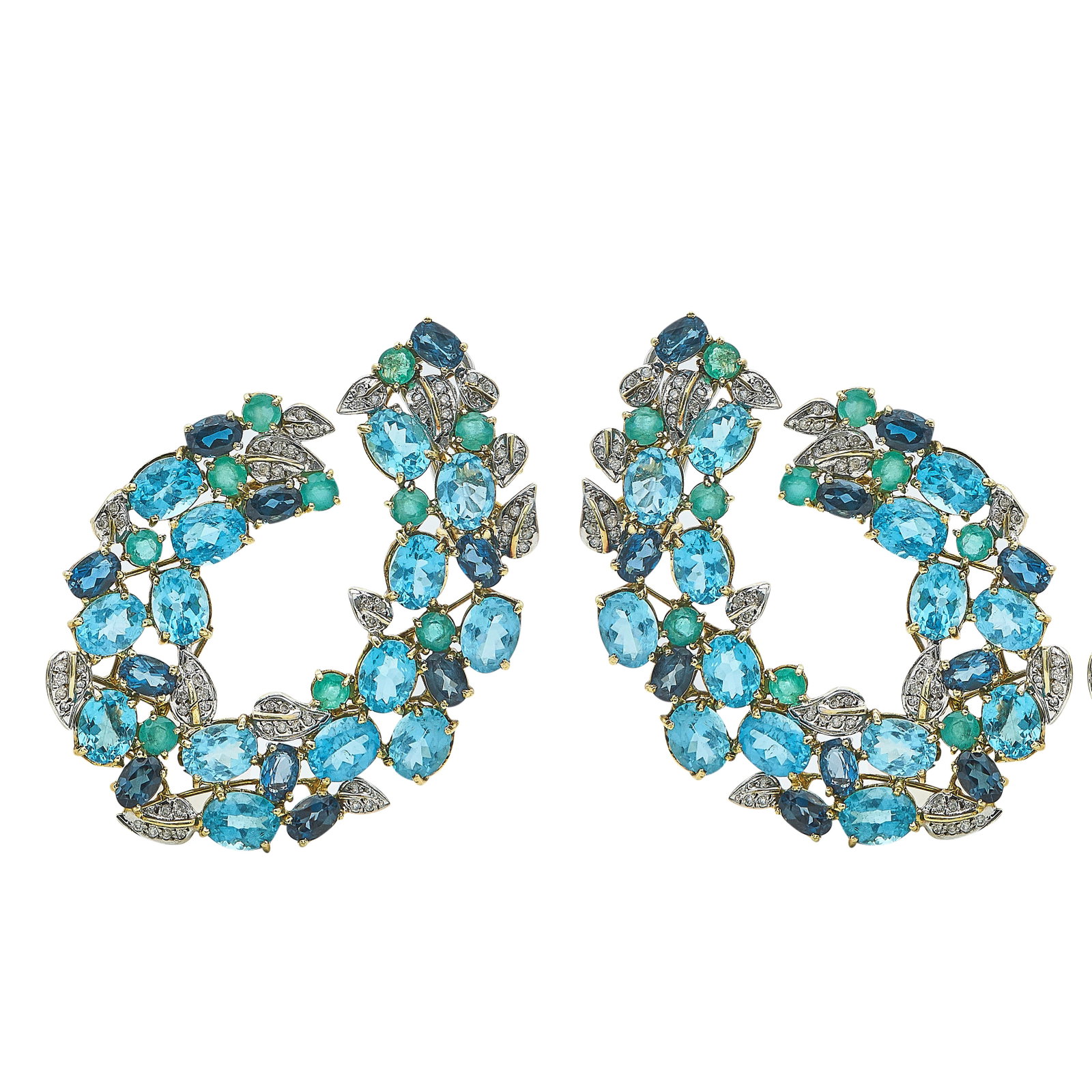 18K Yellow Gold, Emerald, Blue Topaz, Tourmaline, and Diamond Earrings (1 of 3)
