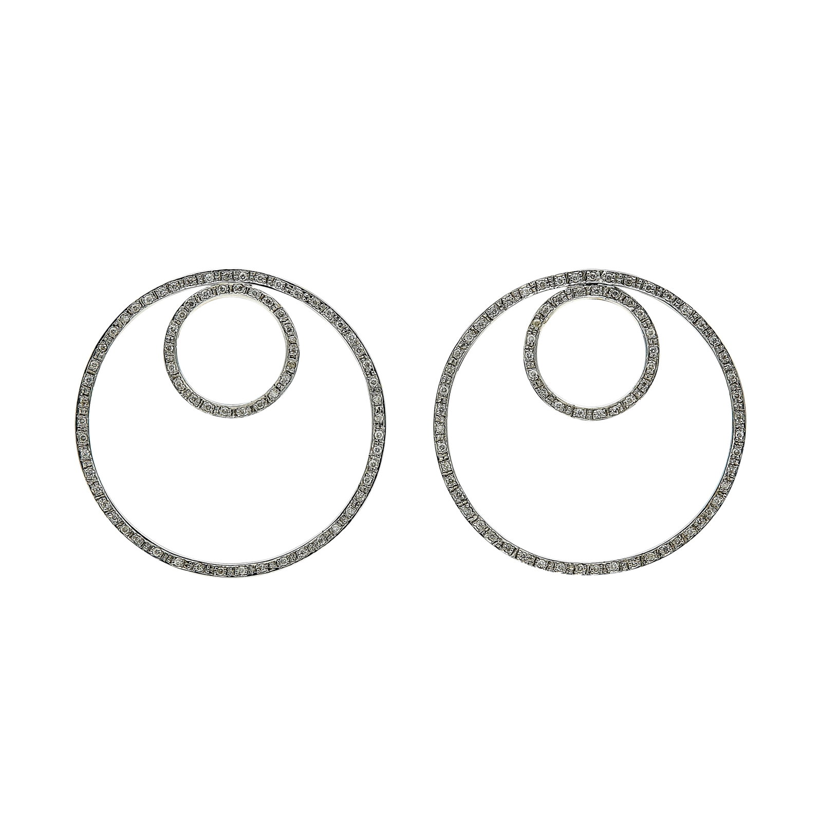 18K White Gold and Diamond Circle Earrings: METAL: 18K White Gold; APPROXIMATE TOTAL DIAMOND WEIGHT: 0.75 ctw; TESTED: 18K White Gold; CONDITION: Pre-owned, Good; ITEM WEIGHT (GRAMS): 10 g; MEASUREMENTS: Earrings approx. 1 3/4 inch in diameter;