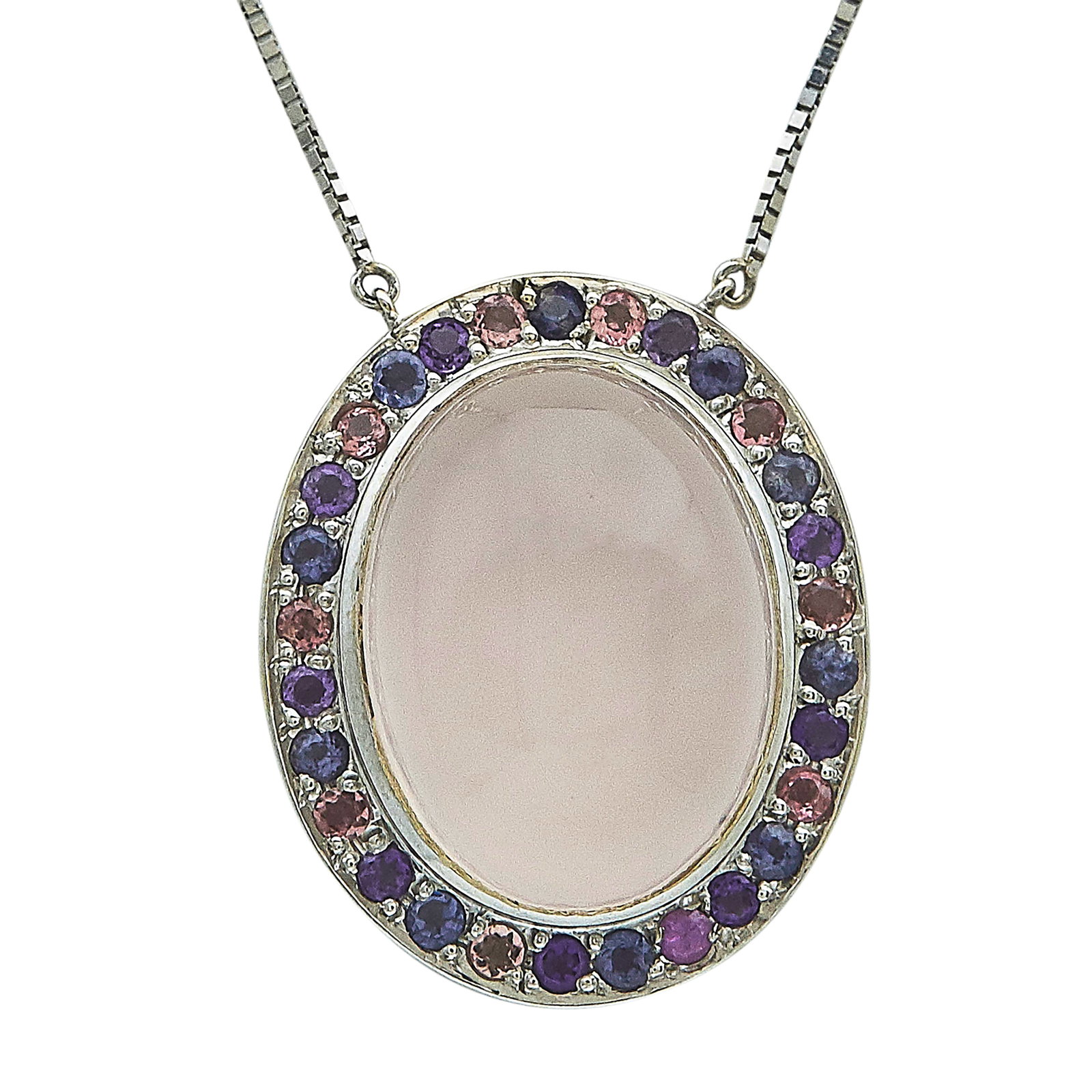 18K White Gold, Rose Quartz, and Multi-Colored Sapphire Pendant Necklace: METAL: 18K White Gold; GEMSTONES: Rose Quartz, Multi-Colored Sapphires; STAMPED: 750, Italy, Italian workshop mark; CONDITION: Pre-owned, Good; ITEM WEIGHT (GRAMS): 12.1 g; MEASUREMENTS: Necklace 16 i