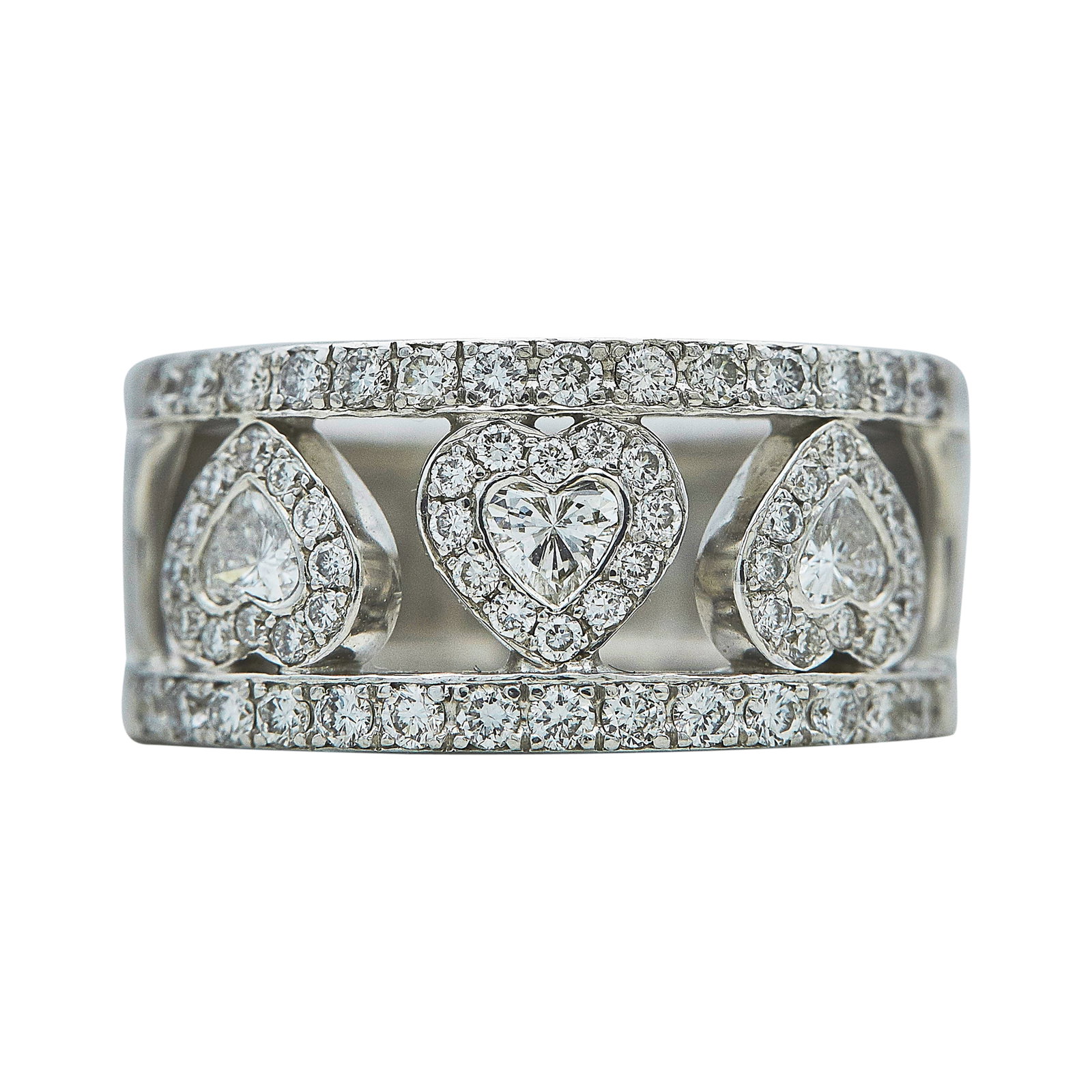 18K White Gold and Diamond Heart Band Ring: METAL: 18K White Gold; APPROXIMATE TOTAL DIAMOND WEIGHT: 0.76 ctw; STAMPED: 750; CONDITION: Pre-owned, Very Good; ITEM WEIGHT (GRAMS): 6.62 g; MEASUREMENTS: Ring size 5 1/4