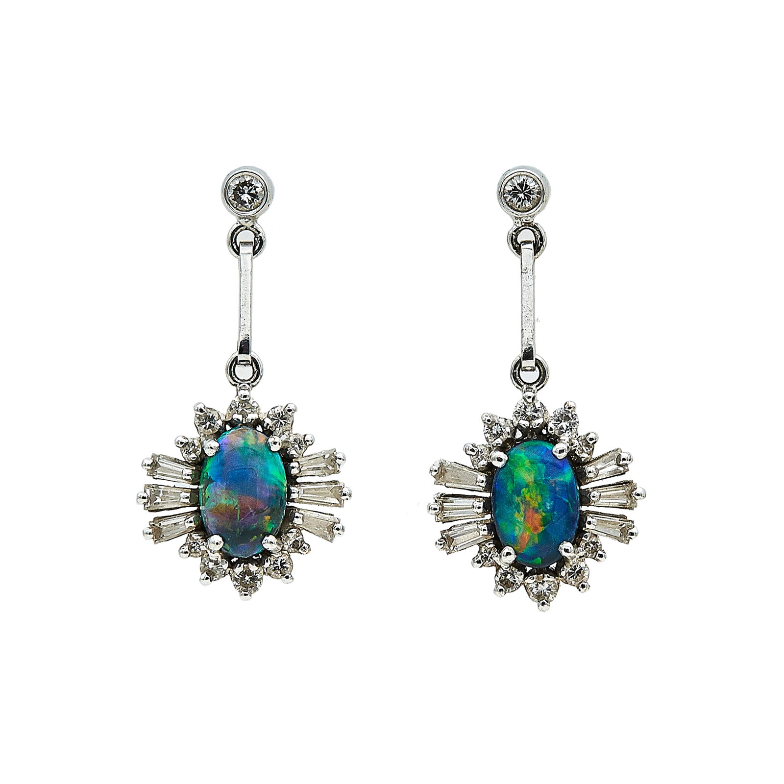 18K White Gold, Opal, and Diamond Drop Earrings: METAL: 18K White Gold; APPROXIMATE TOTAL DIAMOND WEIGHT: 0.62 ctw; GEMSTONES: Opal; TESTED: 18K White Gold; CONDITION: Pre-owned, Very Good; ITEM WEIGHT (GRAMS): 4.9 g; MEASUREMENTS: Earrings 1 1/16 i