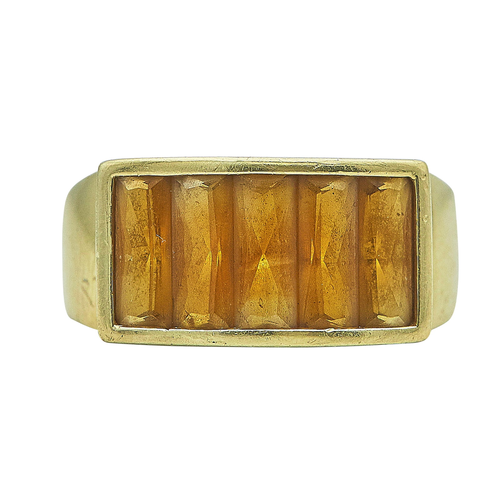 H. Stern 18K Yellow Gold and Citrine Band Ring: BRAND: H. Stern; METAL: 18K Yellow Gold; GEMSTONES: Citrines have chips and show signs of wear; STAMPED: 750, Maker's mark; CONDITION: Pre-owned, Good; ITEM WEIGHT (GRAMS): 8.3 g; MEASUREMENTS: Ring s