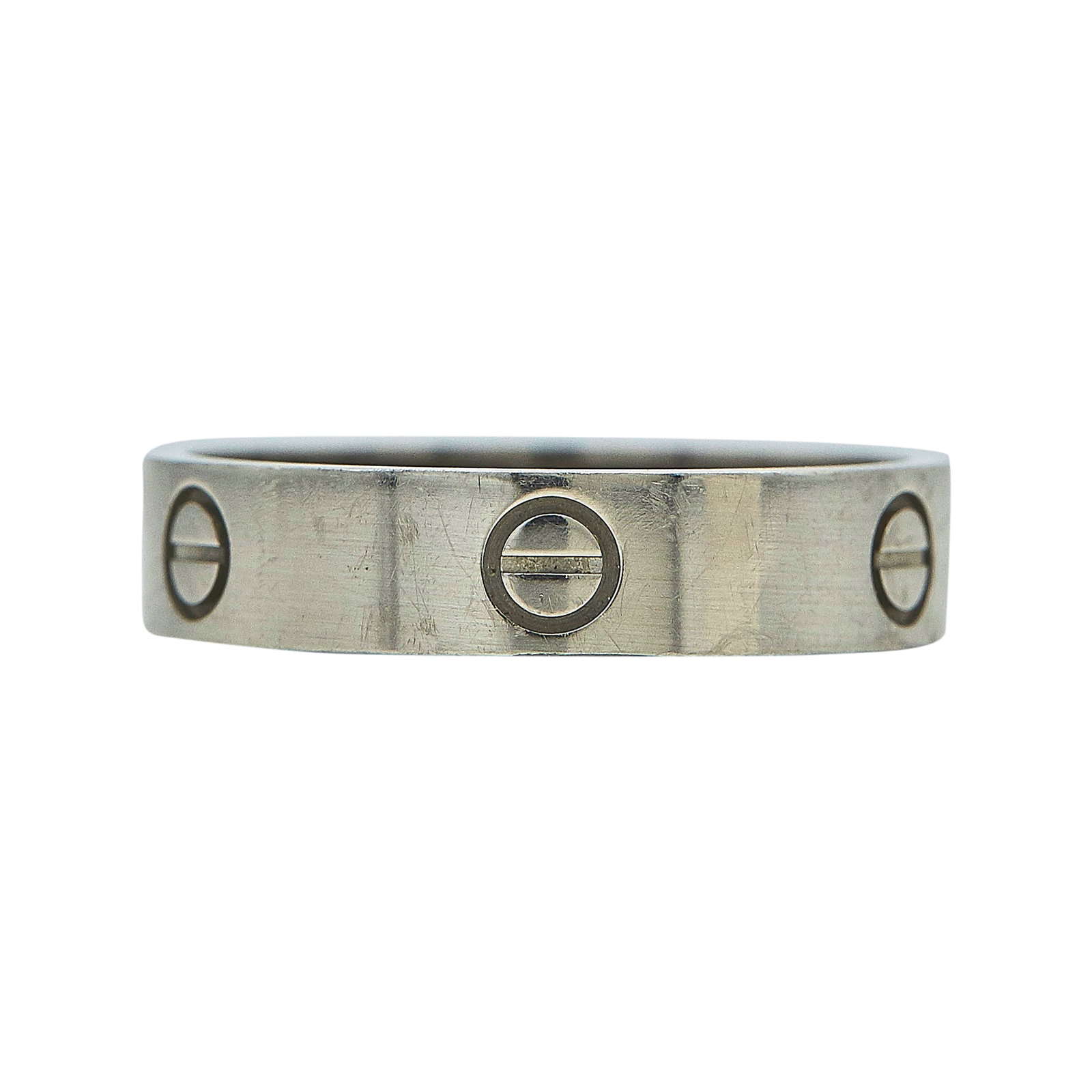 Cartier Love Classic Model 18K White Gold Band Ring: BRAND: Cartier; COLLECTION: Love; METAL: 18K White Gold; STAMPED: © Cartier, 68, serial number, Au 750, Italian workshop mark; CONDITION: Pre-owned, Good; ITEM WEIGHT (GRAMS): 7.9 g; MEASUREMENTS: Ca