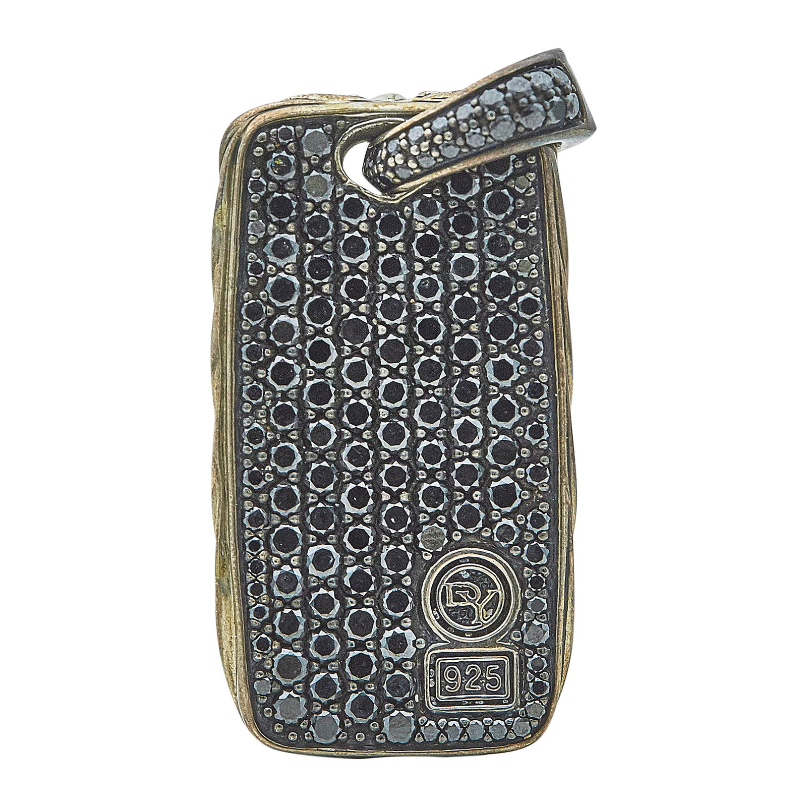 David Yurman Sterling Silver and Black Diamond Tag Pendant: BRAND: David Yurman; METAL: Sterling Silver; APPROXIMATE TOTAL DIAMOND WEIGHT: 5.60 ctw; GEMSTONES: Black diamonds approximate total weight 5.60 carats; STAMPED: DY, 925; CONDITION: Pre-owned, Good; I
