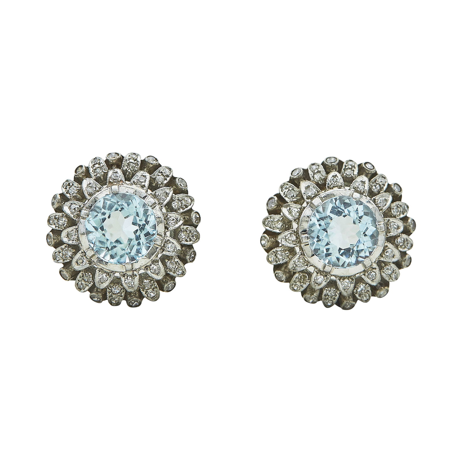 Platinum, Aquamarine, and Diamond Cluster Earrings: METAL: Platinum; APPROXIMATE TOTAL DIAMOND WEIGHT: 0.50 ctw; GEMSTONES: Aquamarines approx. 2.50 carats each, Weight estimated by formula; TESTED: Platinum; CONDITION: Pre-owned, Very Good; ITEM WEIGH