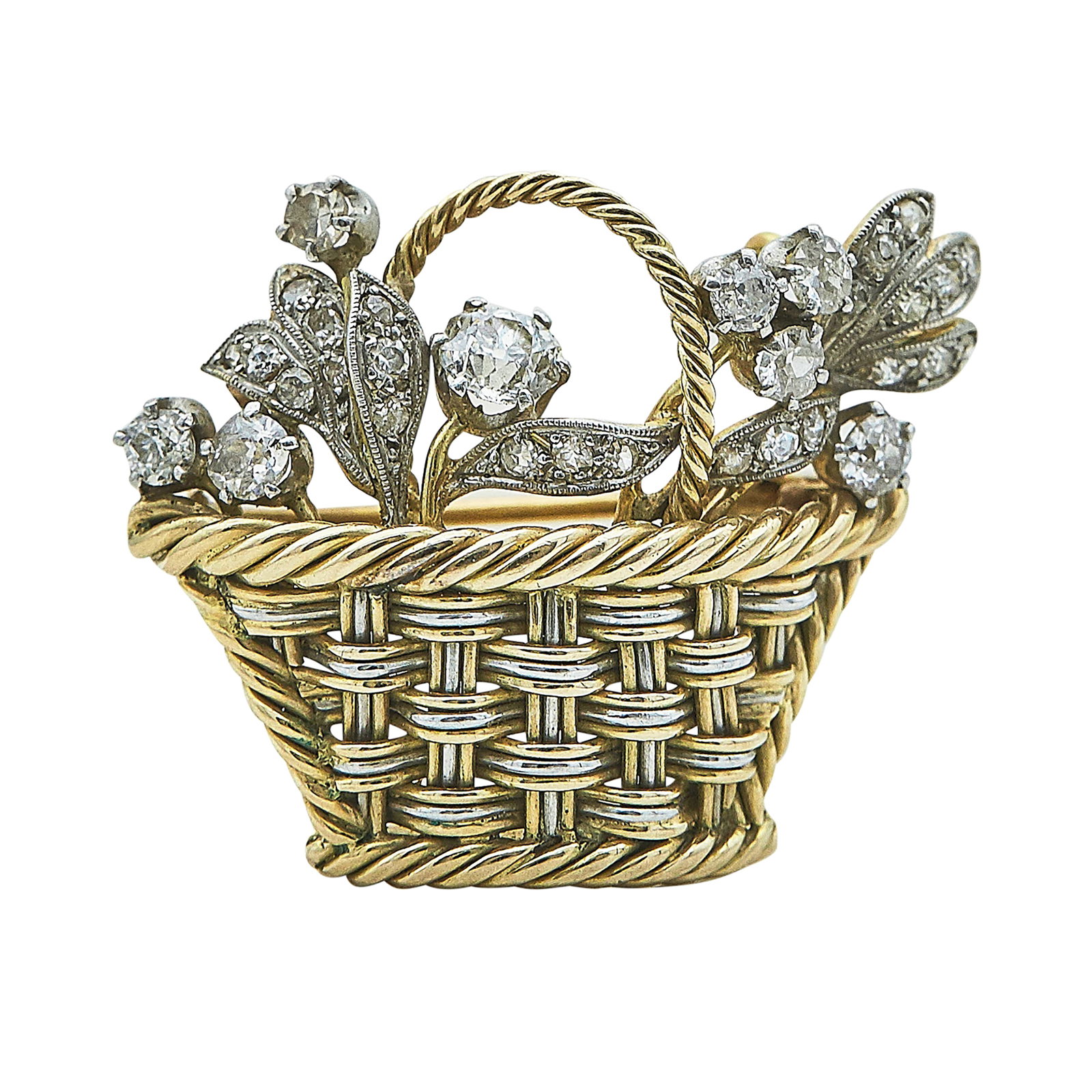 18K Yellow & White Gold, Platinum, Diamond Flower Basket Pendant Brooch: METAL: 18K Yellow Gold/White Gold, Platinum; APPROXIMATE TOTAL DIAMOND WEIGHT: 0.87 ctw; STAMPED: Maker's marks; TESTED: 18K Yellow Gold/White Gold, Platinum; CONDITION: Pre-owned, Very Good; ITEM WEI
