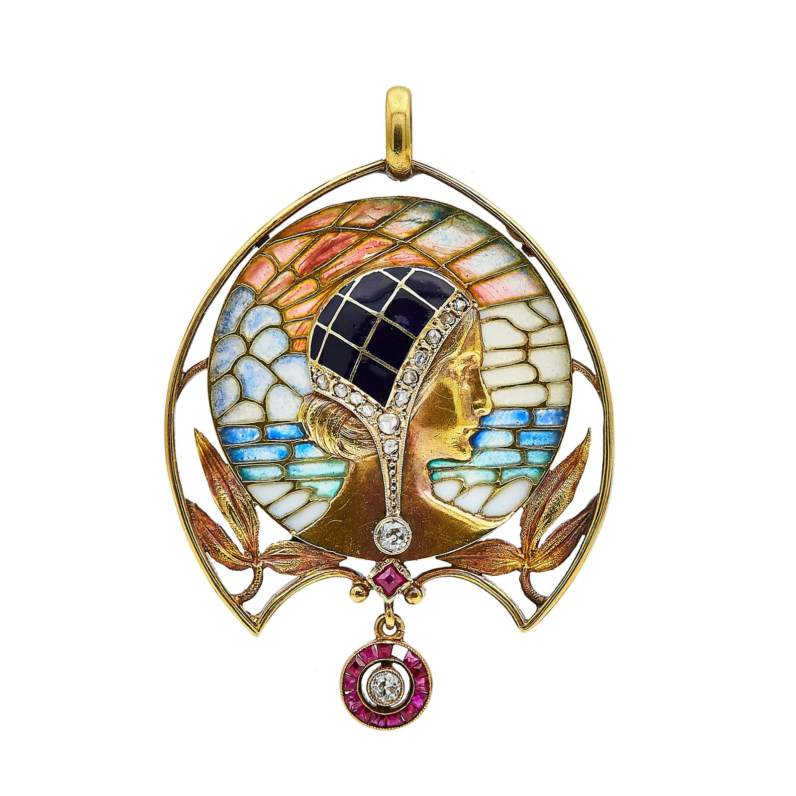 18K Yellow Gold, Plique-a-Jour Enamel, Diamond, and Ruby Silhouette Pendant: METAL: 18K Yellow Gold; APPROXIMATE TOTAL DIAMOND WEIGHT: 0.28 ctw; GEMSTONES: Enamel and Ruby; TESTED: 18K Yellow Gold; CONDITION: Pre-owned, Very Good; ITEM WEIGHT (GRAMS): 16.1 g; MEASUREMENTS: Pen