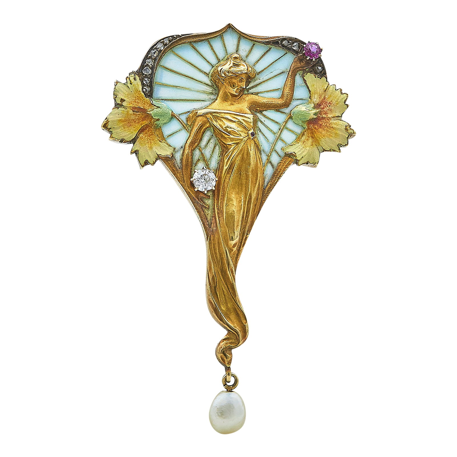 Masriera 18K Yellow Gold, Plique-a-Jour Enamel, Diamond, Ruby, and Pearl Goddess Pendant Brooch: BRAND: Masriera; METAL: 18K Yellow Gold; APPROXIMATE TOTAL DIAMOND WEIGHT: 0.14 ctw; GEMSTONES: Enamel, Pearl, and Ruby; STAMPED: Masriera HS; TESTED: 18K Yellow Gold; CONDITION: Pre-owned, Very Good;