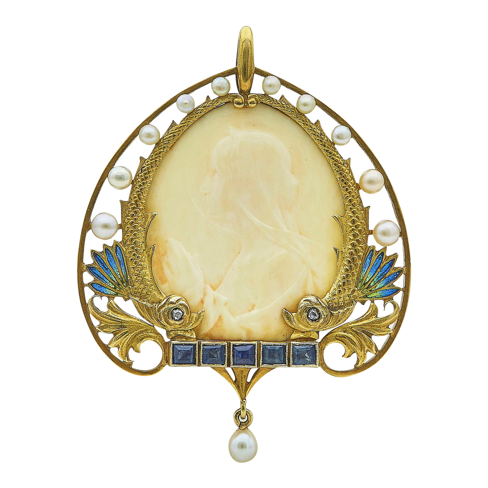 18K Yellow Gold, Plique-a-Jour Enamel, Pearl, Sapphire, and Diamond Madonna Pendant: METAL: 18K Yellow Gold; GEMSTONES: Enamel, Pearl, and Sapphire; TESTED: 18K Yellow Gold; CONDITION: Pre-owned, Very Good; ITEM WEIGHT (GRAMS): 12.2 g; MEASUREMENTS: Pendant approx. 2 1/16 inches long 