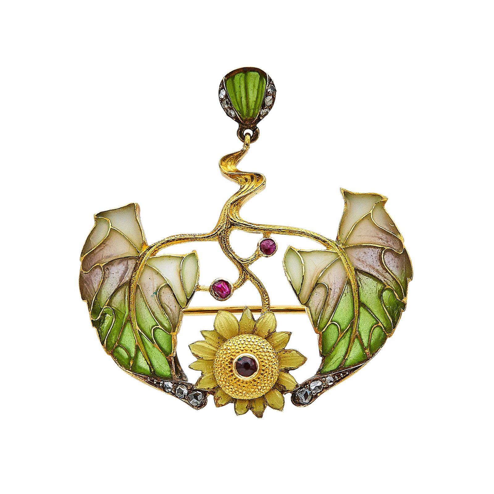 18K Yellow Gold, Plique-a-Jour Enamel, Ruby, and Diamond Pendant Brooch: METAL: 18K Yellow Gold; GEMSTONES: Enamel and Ruby; TESTED: 18K Yellow Gold; CONDITION: Pre-owned, Very Good; ITEM WEIGHT (GRAMS): 8.7 g; MEASUREMENTS: Brooch approx. 1 1/2 inch long x 1 7/16 inch wid