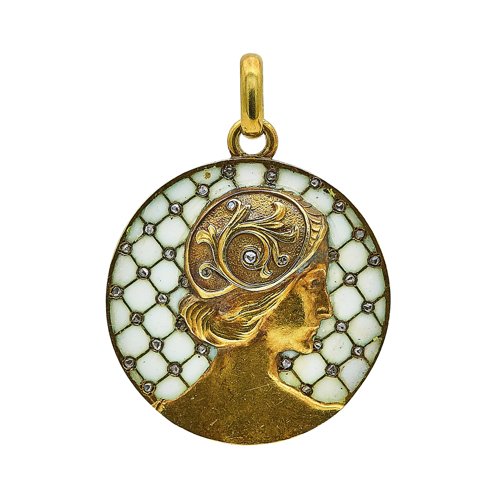 Masriera 18K Yellow Gold, Enamel, and Diamond Pendant: BRAND: Masriera; METAL: 18K Yellow Gold; GEMSTONES: Enamel, Slight chipping of enamel; STAMPED: Masriera; TESTED: 18K Yellow Gold; CONDITION: Pre-owned, Very Good; ITEM WEIGHT (GRAMS): 8.9 g; MEASUREM