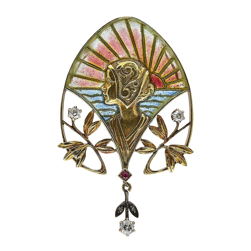 18K Yellow Gold, Plique-a-Jour Enamel, Diamond, and Ruby Pendant: METAL: 18K Yellow Gold; APPROXIMATE TOTAL DIAMOND WEIGHT: 0.22 ctw; GEMSTONES: Enamel and Ruby; TESTED: 18K Yellow Gold; CONDITION: Pre-owned, Very Good; ITEM WEIGHT (GRAMS): 9 g; MEASUREMENTS: Pendan