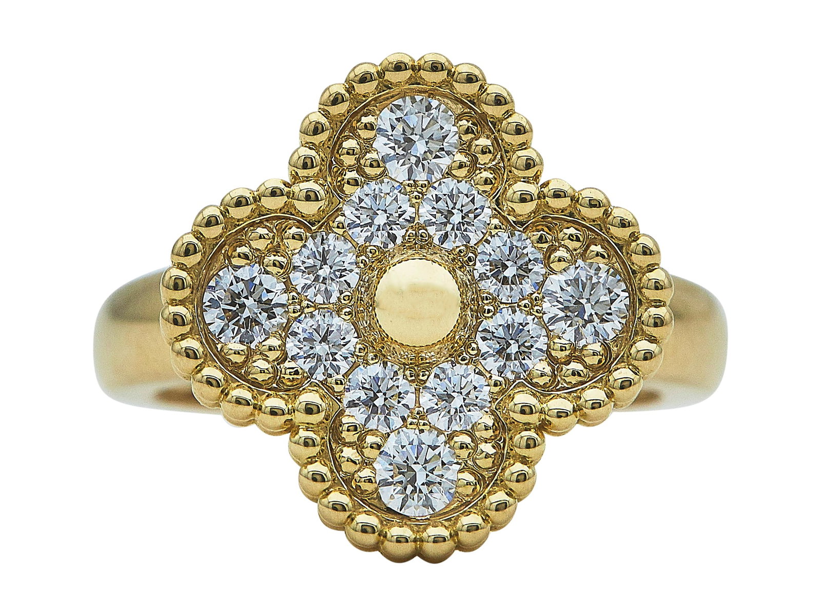 Van Cleef & Arpels Alhambra Vintage 18K Yellow Gold and Diamond Ring: BRAND: VCA; COLLECTION: Alhambra (Vintage); METAL: 18K Yellow Gold; APPROXIMATE TOTAL DIAMOND WEIGHT: 0.48 ctw; STAMPED: VCA, Au750, 47, Serial number, French marks; CONDITION: Pre-owned, Very Good; I