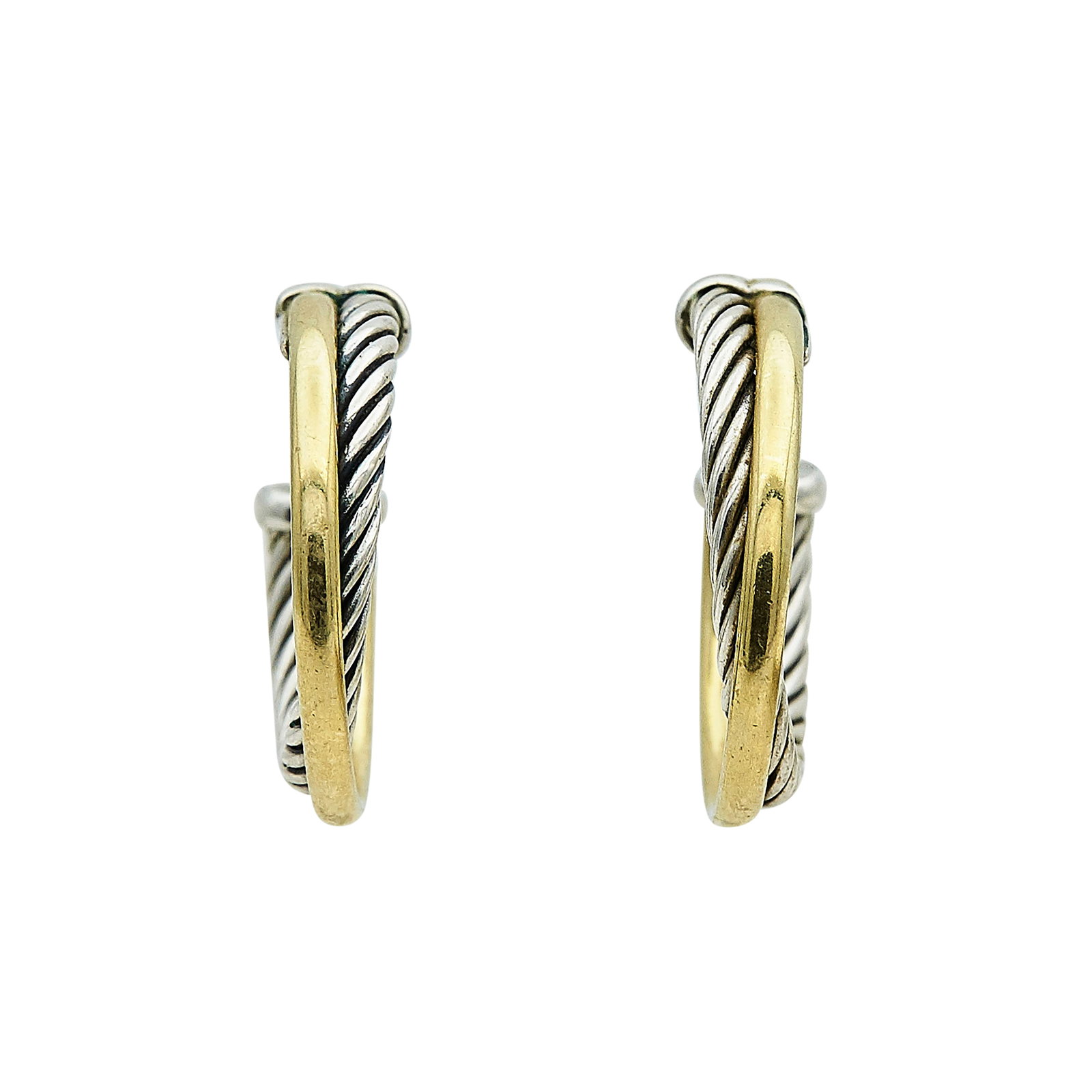 David Yurman 18K Yellow Gold and Sterling Silver Hoop Earrings: BRAND: David Yurman; METAL: 18K Yellow Gold/Stainless Steel; STAMPED: © D.Y., 750, 925; CONDITION: Pre-owned; ITEM WEIGHT (GRAMS): 9.3 g; MEASUREMENTS: Earrings approx. 15/16 inch in diameter; ADDITI