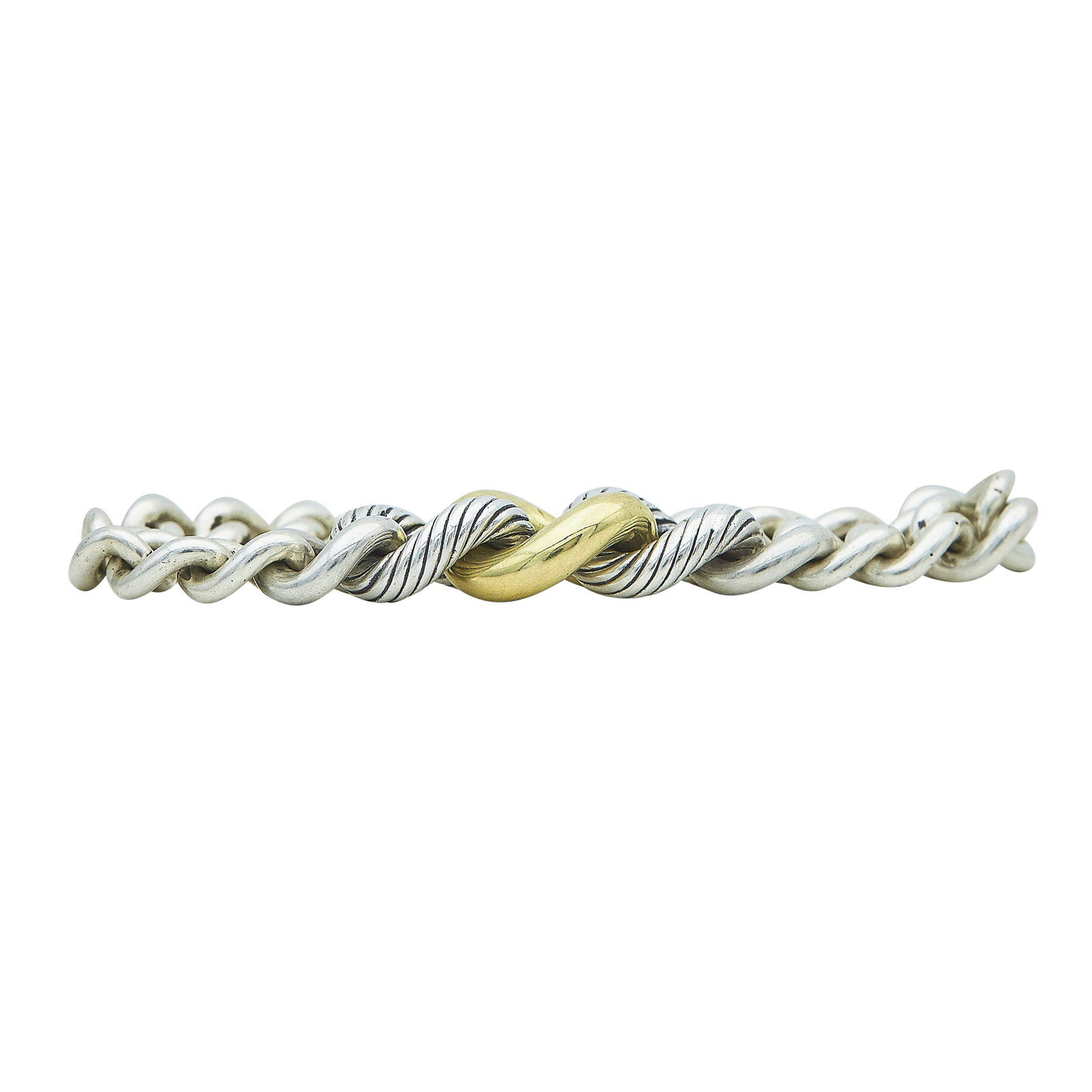 David Yurman 18K Yellow Gold and Sterling Silver Cuban Link Chain Bracelet: BRAND: David Yurman; METAL: 18K Yellow Gold/Silver; STAMPED: © D.Y., 925, 925 1/4 750; CONDITION: Pre-owned, Very Good; ITEM WEIGHT (GRAMS): 44.1 g; MEASUREMENTS: Bracelet 6 3/4 inches long