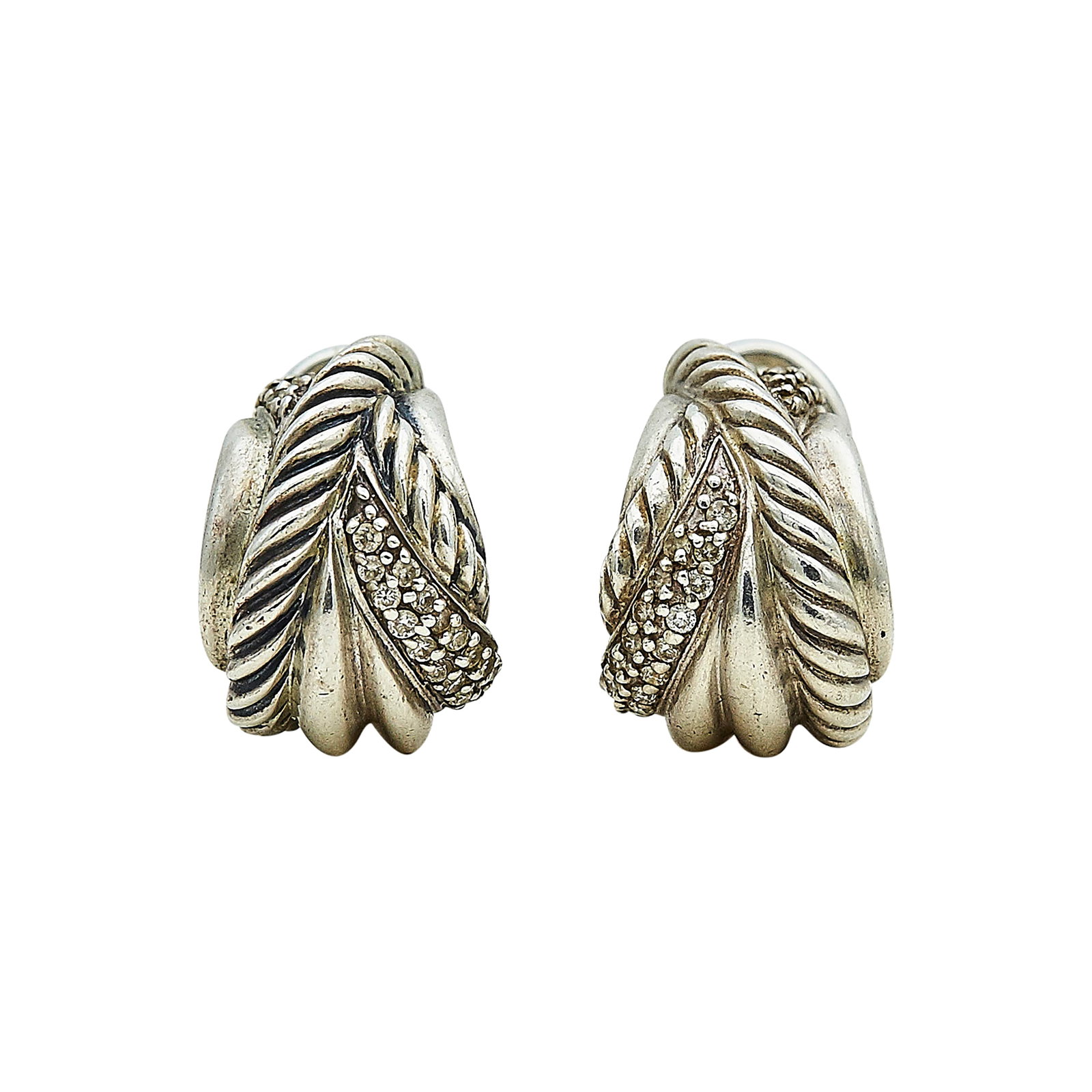 David Yurman Sterling Silver and Diamond Earrings: BRAND: David Yurman; METAL: Sterling Silver; APPROXIMATE TOTAL DIAMOND WEIGHT: 0.28 ctw; STAMPED: © D.Y., 925; CONDITION: Pre-owned, Good; ITEM WEIGHT (GRAMS): 8.5 g; MEASUREMENTS: Earrings approx. 5