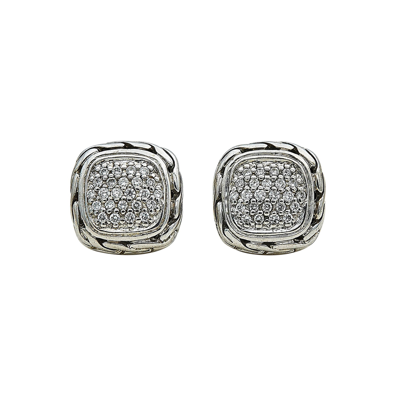 John Hardy Sterling Silver and Diamond Pave Stud Earrings: BRAND: John Hardy; METAL: Sterling Silver; APPROXIMATE TOTAL DIAMOND WEIGHT: 0.24 ctw; STAMPED: ©, 925, Maker's mark; CONDITION: Pre-owned, Very Good; ITEM WEIGHT (GRAMS): 5.1 g; MEASUREMENTS: Earrin