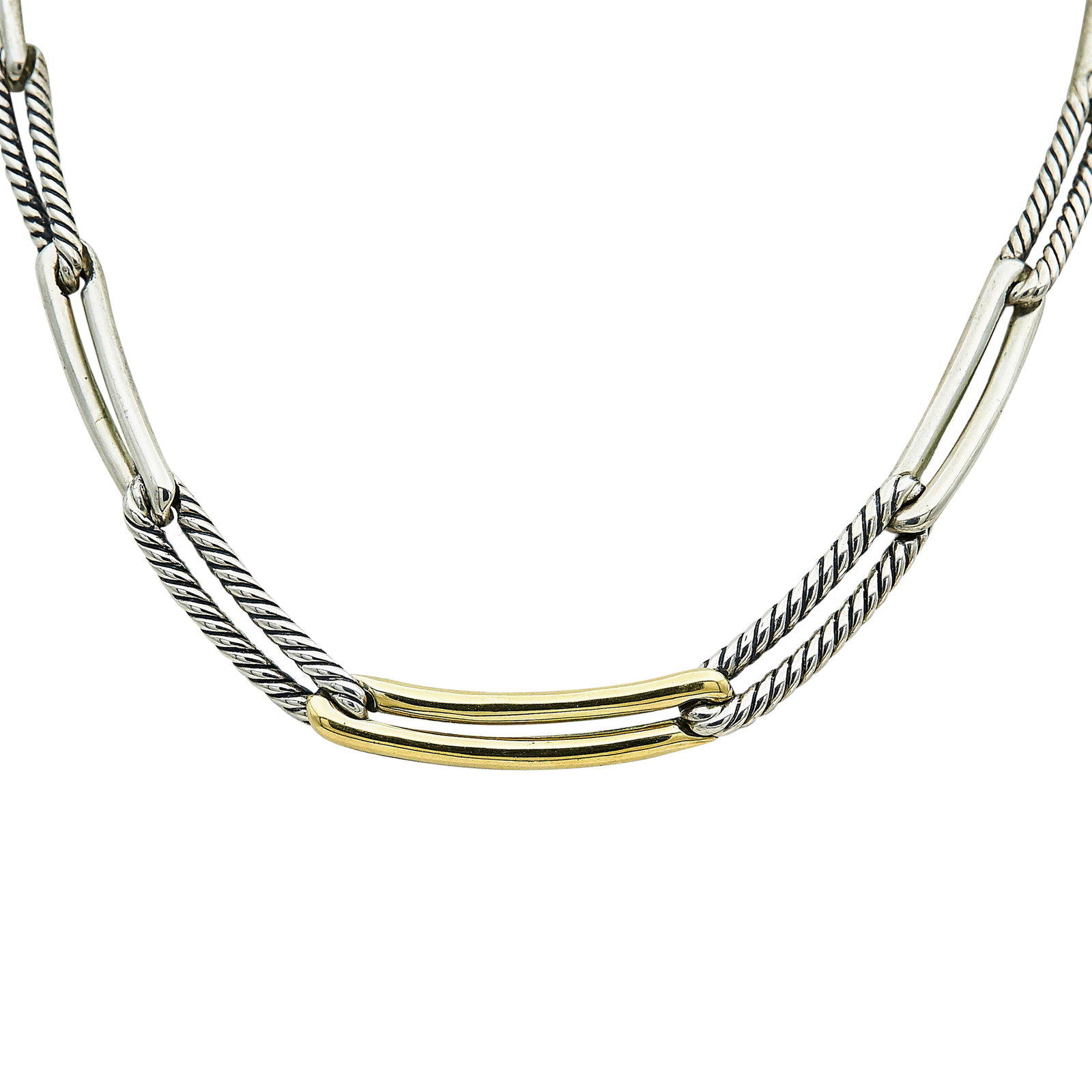 David Yurman 18K Yellow Gold and Sterling Silver Cable Chain-Link Necklace: BRAND: David Yurman; METAL: 18K Yellow Gold/Silver; STAMPED: © D.Y., 750, 925; CONDITION: Pre-owned, Good; ITEM WEIGHT (GRAMS): 53.4 g; MEASUREMENTS: Necklace approx. 17 inches long