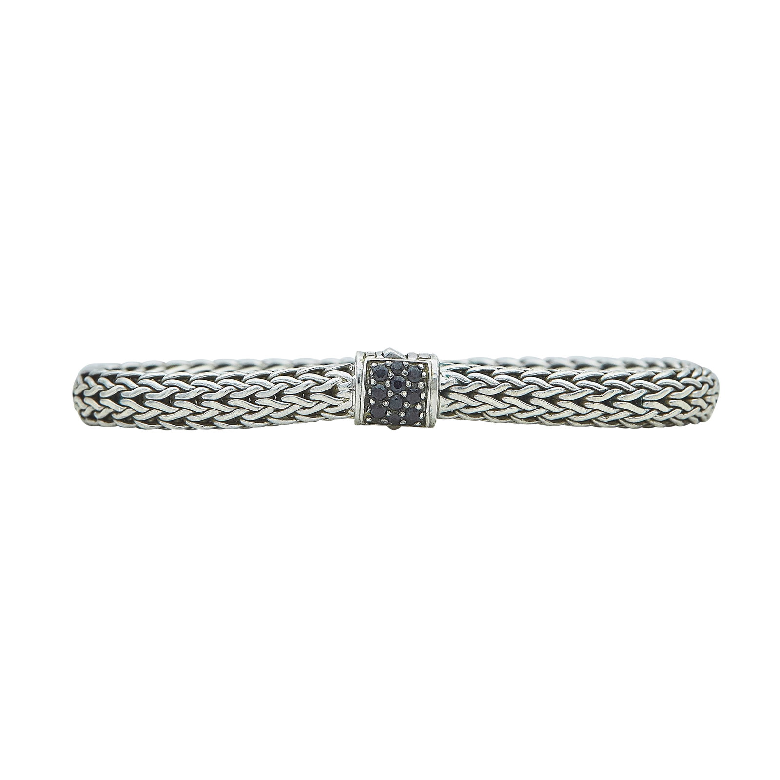 John Hardy Sterling Silver and Black Sapphire Chain Bracelet: BRAND: John Hardy; METAL: Sterling Silver; GEMSTONES: Black Sapphire; STAMPED: © , 925, Maker's mark; CONDITION: Pre-owned, Very Good; ITEM WEIGHT (GRAMS): 24.4 g; MEASUREMENTS: Bracelet 7 inches