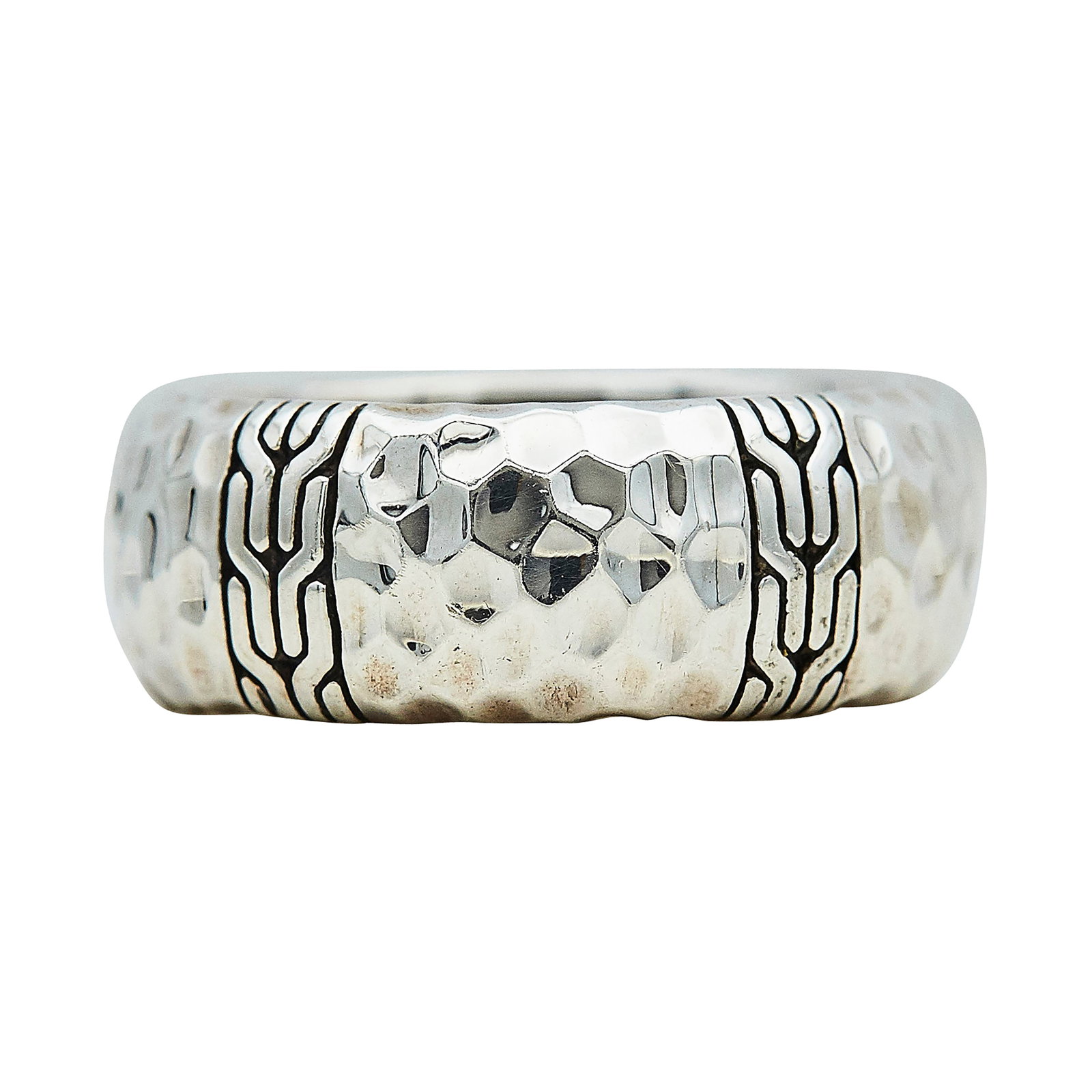 John Hardy Sterling Silver Hammered Band Ring: BRAND: John Hardy; METAL: Sterling Silver; STAMPED: 925, Maker's mark; CONDITION: Pre-owned, Very Good; ITEM WEIGHT (GRAMS): 12.3 g; MEASUREMENTS: Ring size 9 1/2