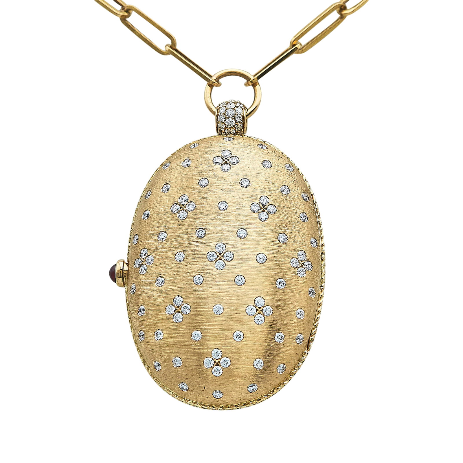Roberto Coin 18K Rose Gold, Diamond, and Ruby Locket Pendant Necklace: BRAND: Roberto Coin; METAL: 18K Rose Gold; APPROXIMATE TOTAL DIAMOND WEIGHT: 1.83 ctw; GEMSTONES: Ruby; STAMPED: RC, 750, 18KT, Italian workshop mark, Italy; CONDITION: Pre-owned, Very Good; ITEM WEIG