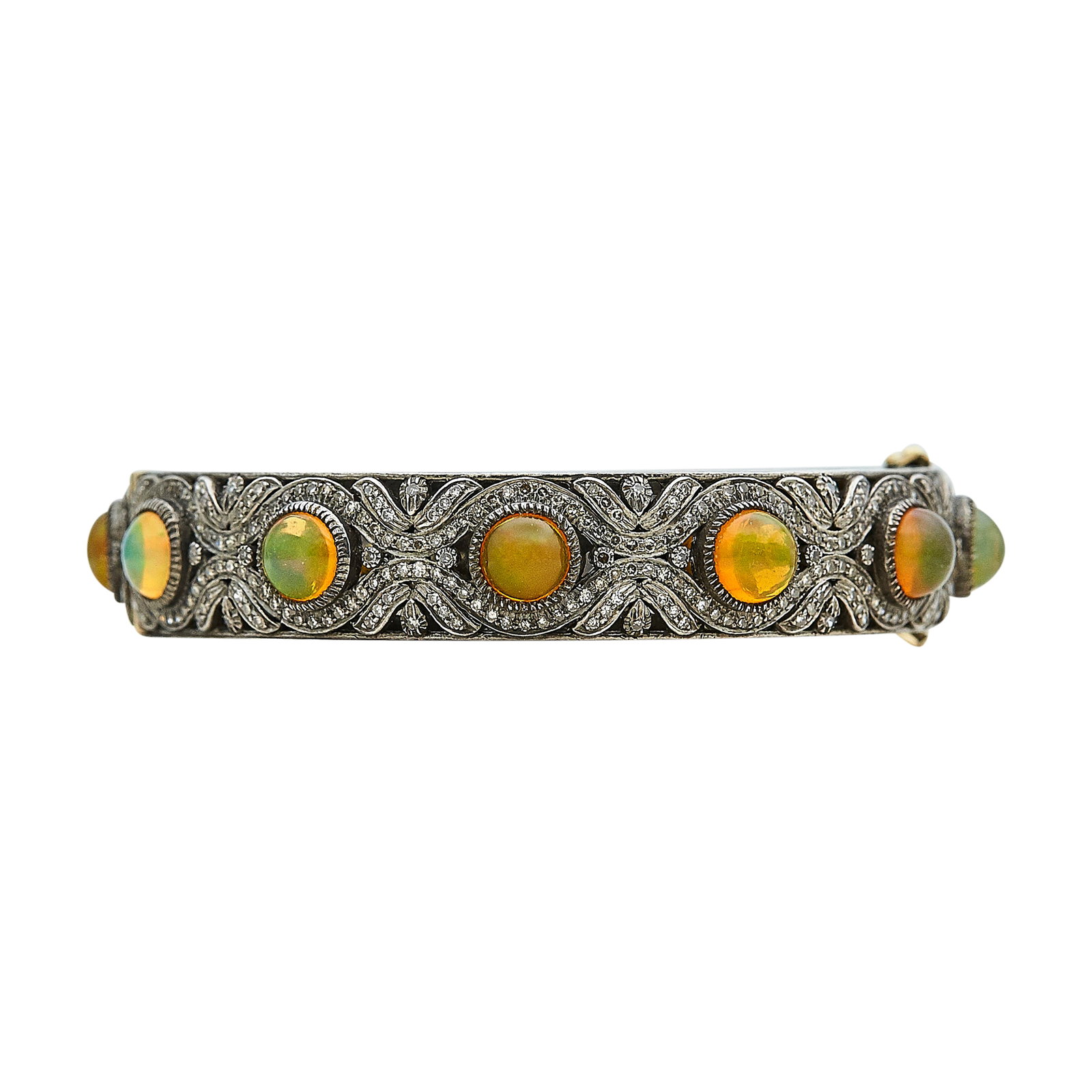 Silver and 18K Yellow Gold Opal and Diamond Hinged Bangle Bracelet: METAL: Silver/18K Yellow Gold; APPROXIMATE TOTAL DIAMOND WEIGHT: 1.75 ctw; GEMSTONES: Opal; TESTED: Silver/18K Yellow Gold; CONDITION: Pre-owned, Good; ITEM WEIGHT (GRAMS): 36.4 g; MEASUREMENTS: Brace