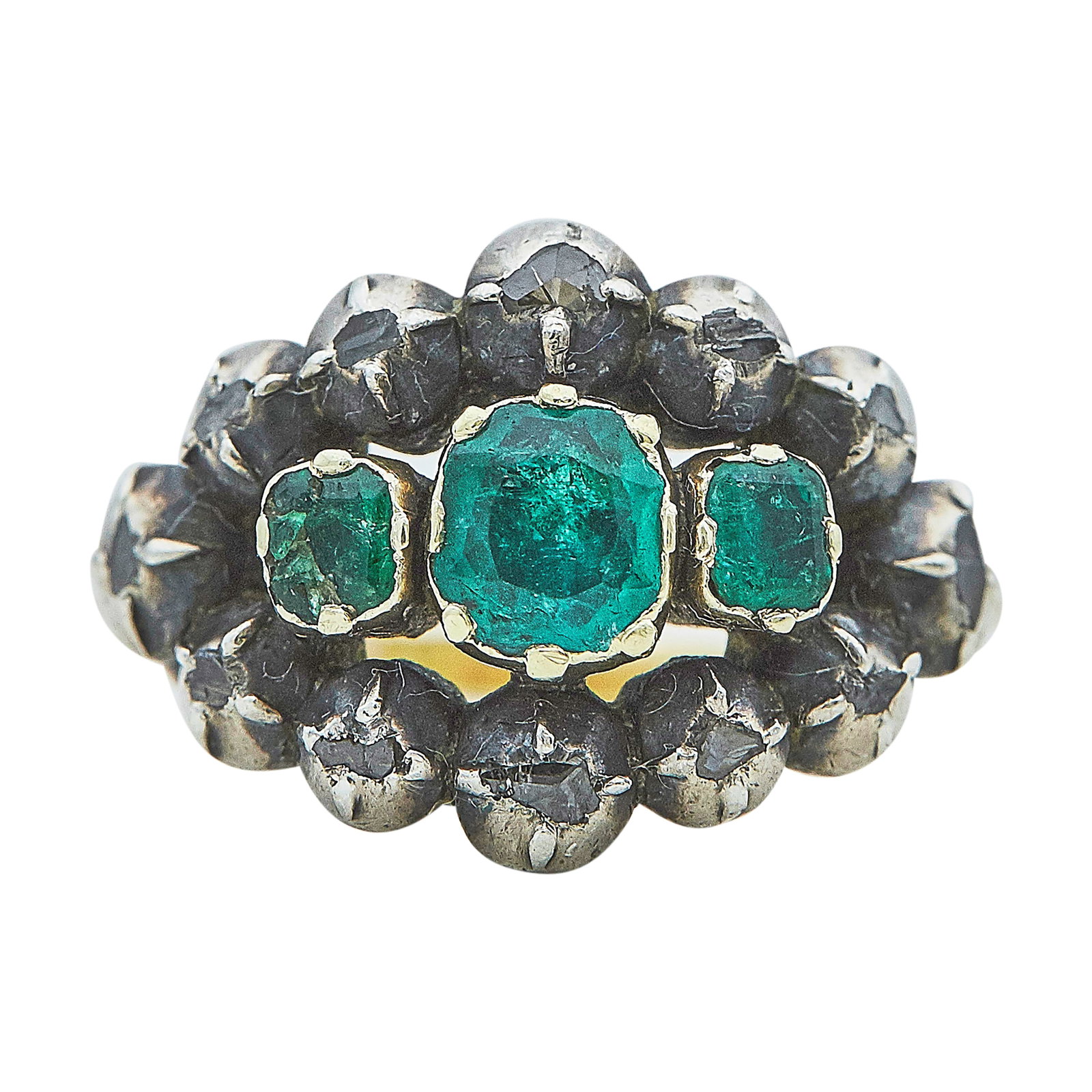 18K Yellow Gold, Silver, Emerald, and Diamond Ring: METAL: 18K Yellow Gold/Silver; GEMSTONES: Emeralds are chipped and show signs of wear; TESTED: 18K Yellow Gold/Silver; CONDITION: Pre-owned, Good; ITEM WEIGHT (GRAMS): 6.3 g; MEASUREMENTS: Ring size 8