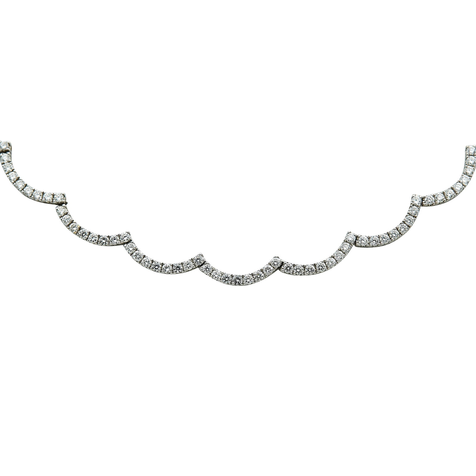 18K White Gold and Diamond Scalloped Collar Necklace: METAL: 18K White Gold; APPROXIMATE TOTAL DIAMOND WEIGHT: 2.33 ctw; STAMPED: 18K, 750, D2.33; CONDITION: Pre-owned, Very Good; ITEM WEIGHT (GRAMS): 15.4 g; MEASUREMENTS: Necklace approx. 16 3/4 inches 